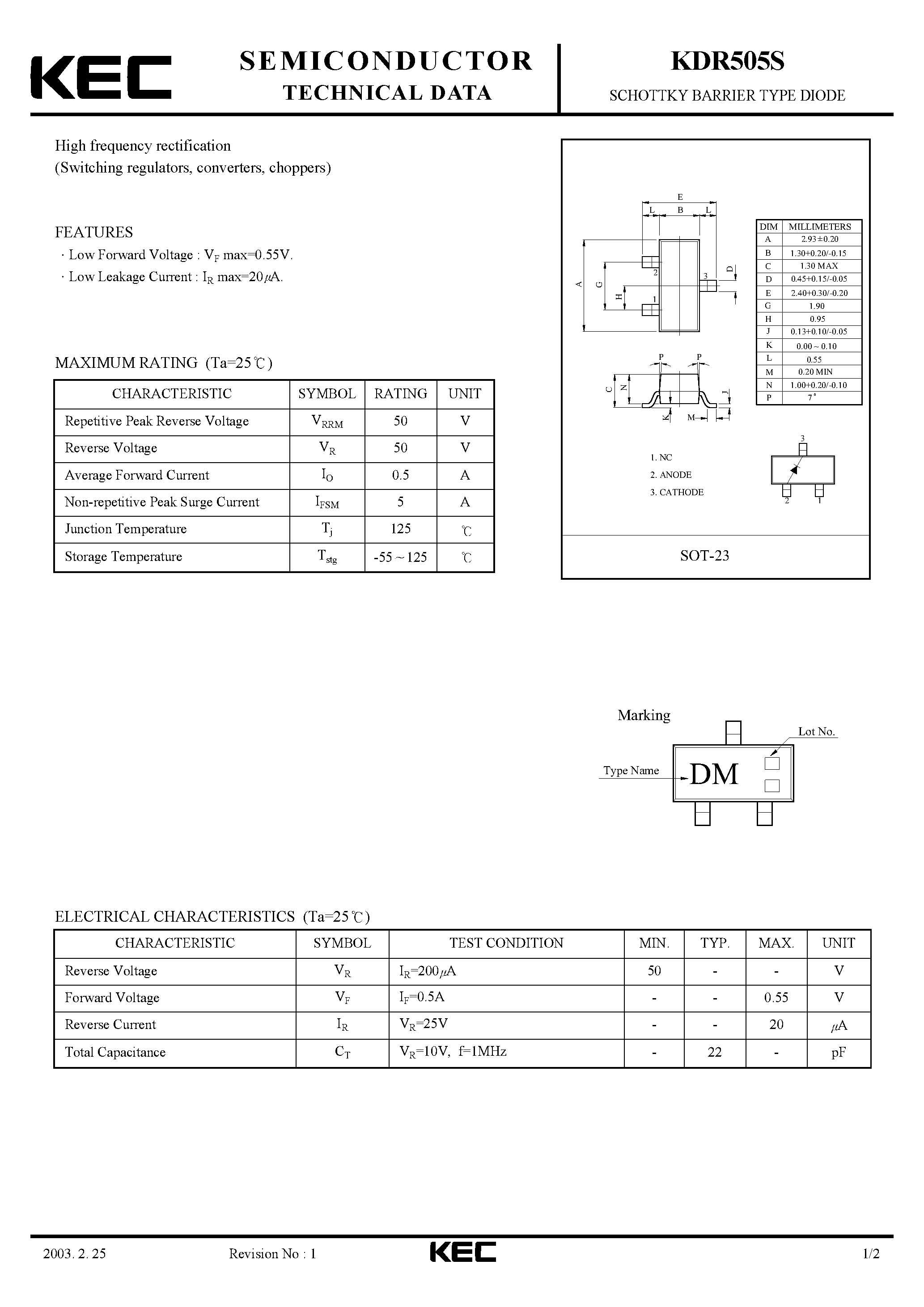 Datasheet KDR505S page 1 Datasheet KDR505S - SCHOTTKY BARRIER TYPE DIODE(HIGH FREQUENCY RECTIFICATION) page 1