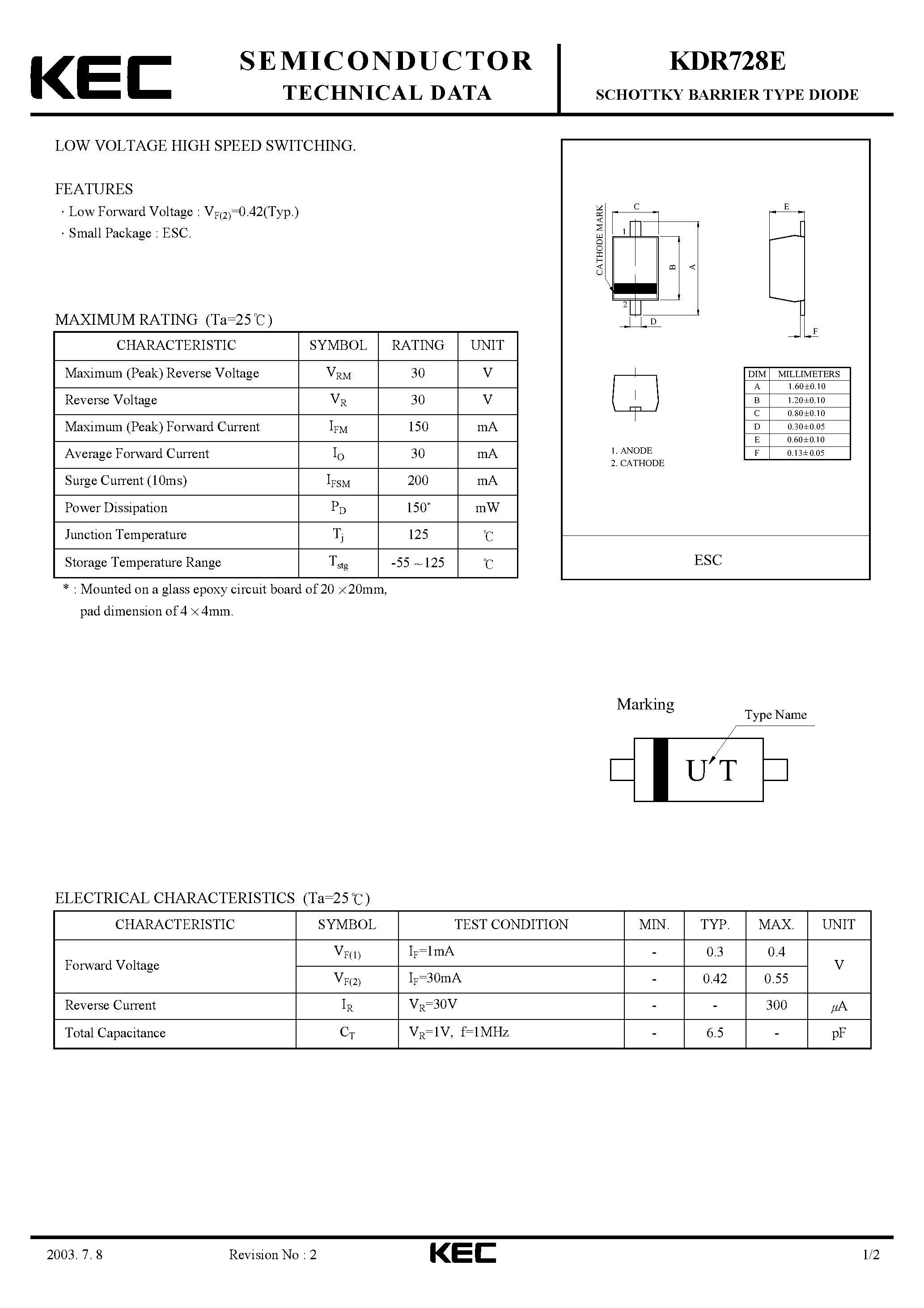Даташит на микросхему KDR728E страница 1 Даташит KDR728E - SCHOTTKY BARRIER TYPE DIODE(LOW VOLTAGE HIGH SPEED SWITCHING) страница 1