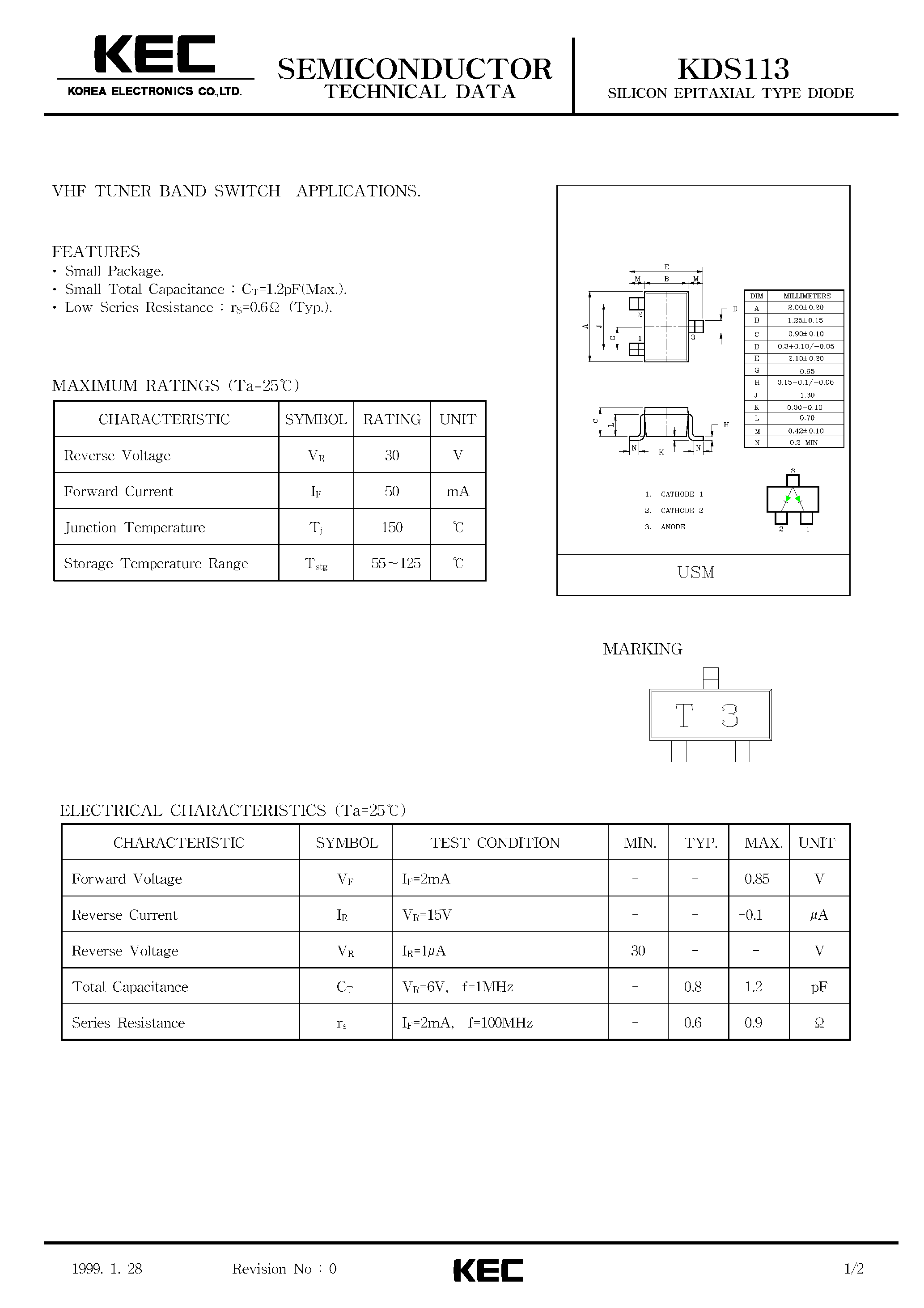 Datasheet KDS113 page 1 Datasheet KDS113 - SILICON EPITAXIAL TYPE DIODE (VHF TUNER BAND SWITCH APPLICATIONS) page 1