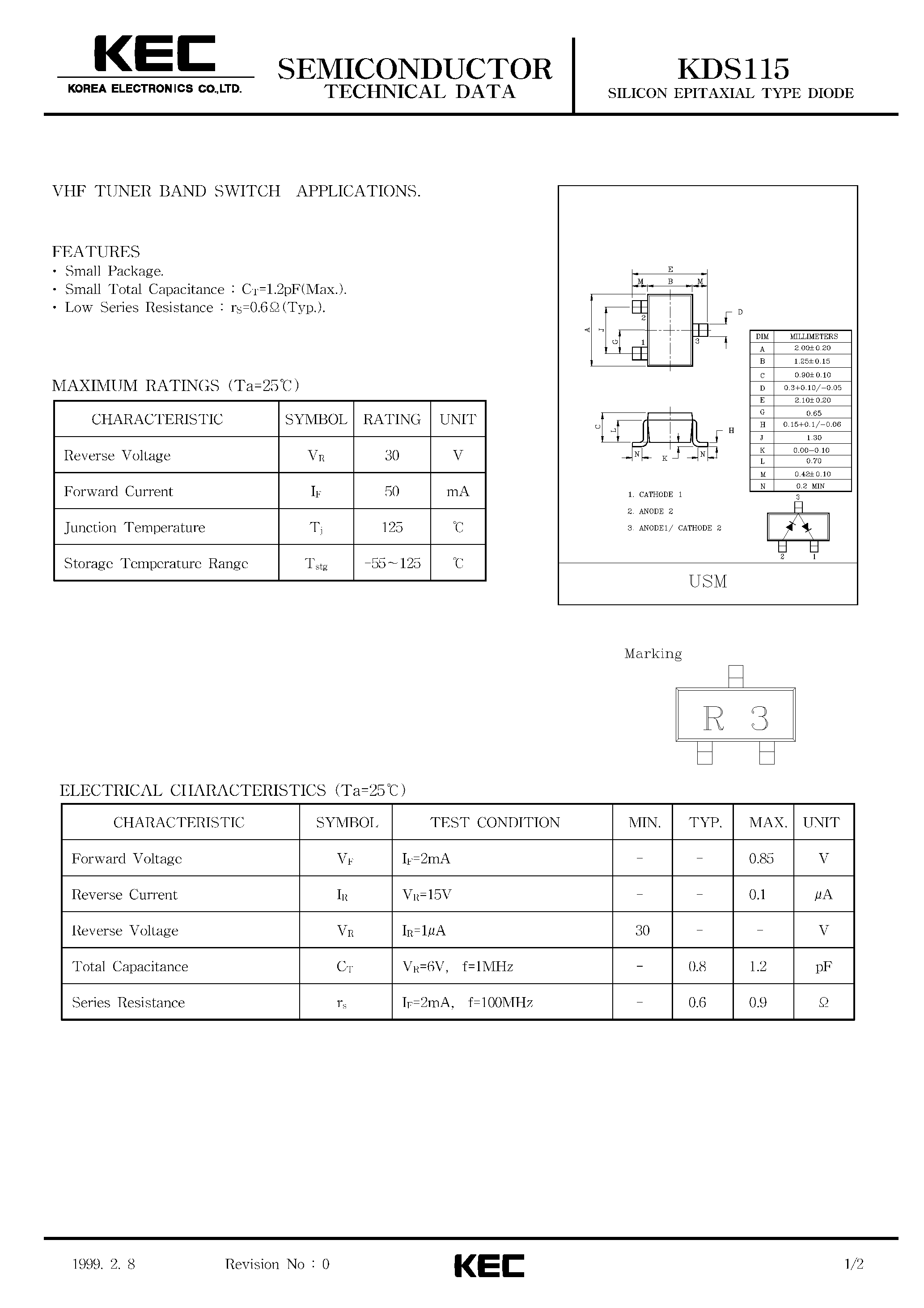Datasheet KDS115 page 1 Datasheet KDS115 - SILICON EPITAXIAL TYPE DIODE (VHF TUNER BAND SWITCH APPLICATIONS) page 1