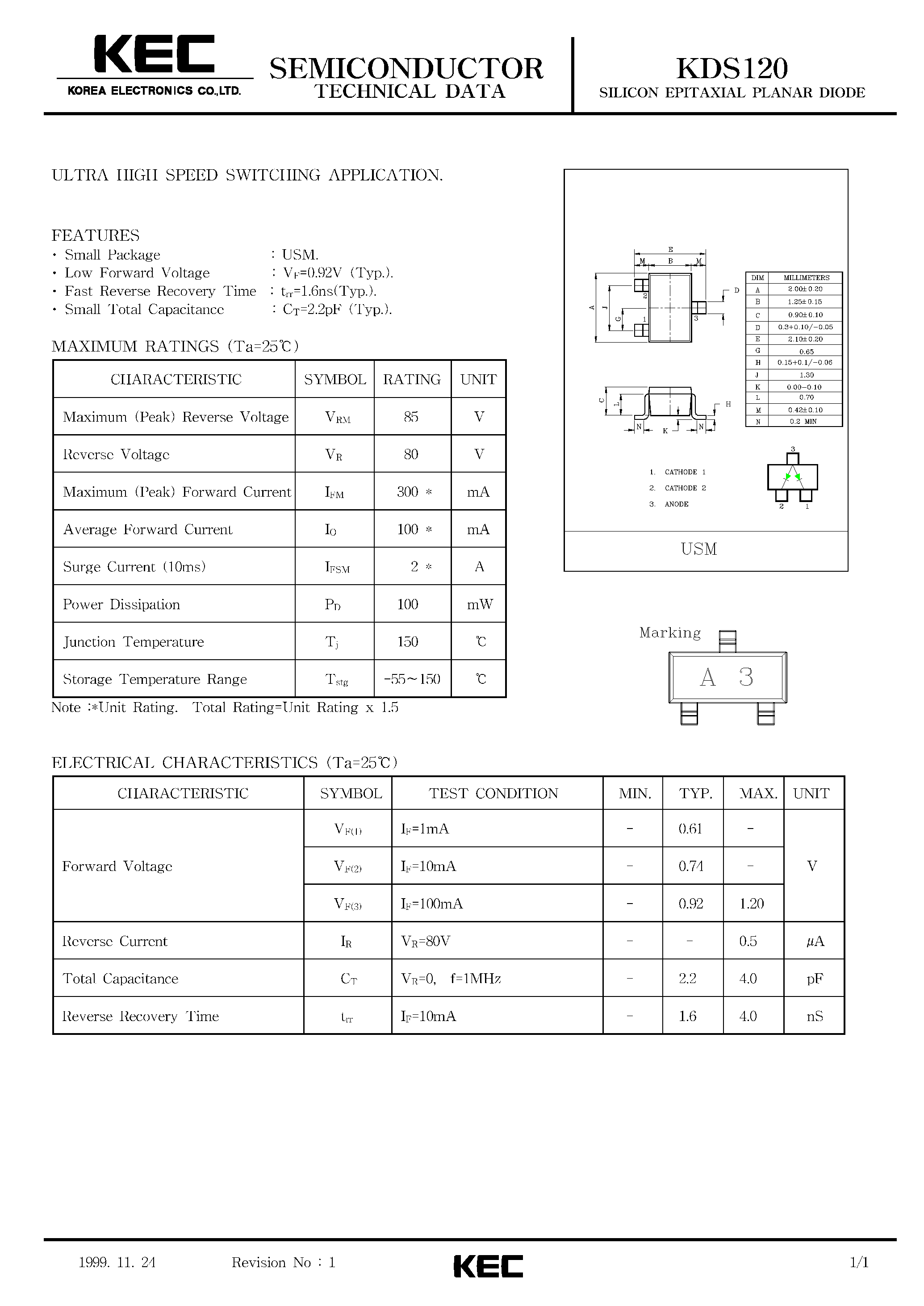 Datasheet KDS120 page 1 Datasheet KDS120 - SILICON EPITAXIAL PLANAR DIODE (ULTRA HIGH SPEED SWITCHING) page 1