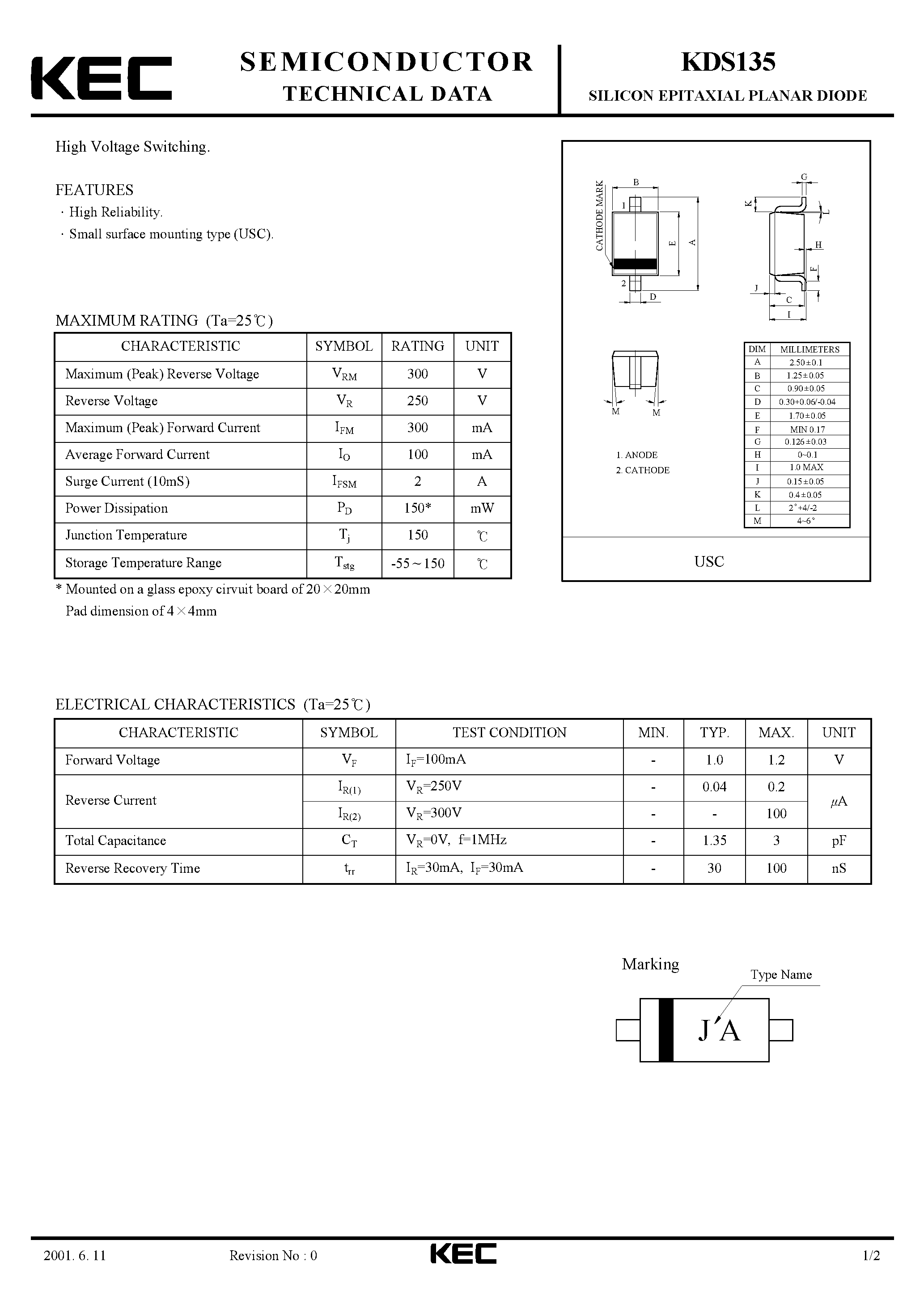 Datasheet KDS135 page 1 Datasheet KDS135 - SILICON EPITAXIAL PLANAR DIODE (HIGH VOLTAGE SWITCHING) page 1