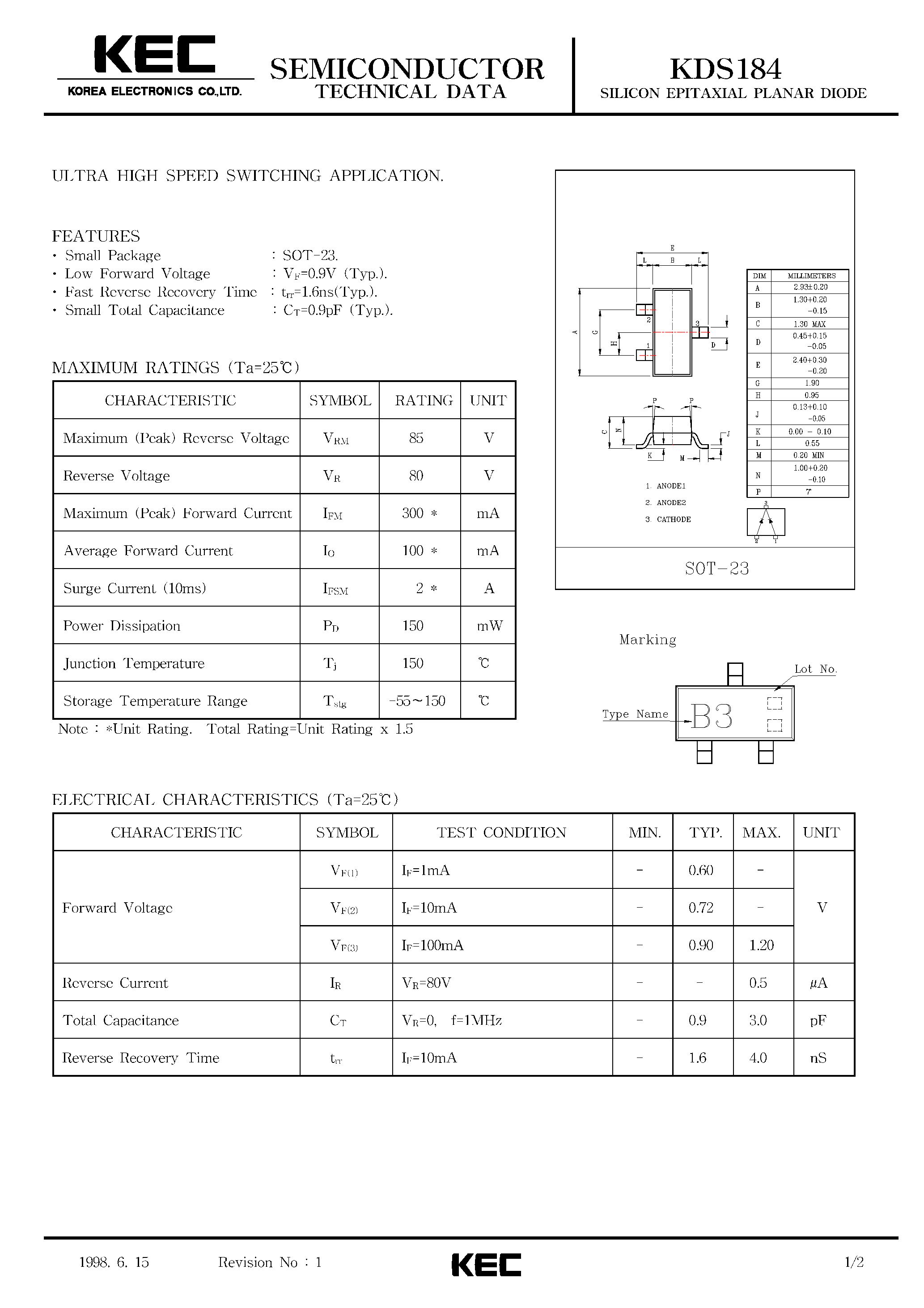 Datasheet KDS184 page 1 Datasheet KDS184 - SILICON EPITAXIAL PLANAR DIODE (ULTRA HIGH SPEED SWITCHING) page 1