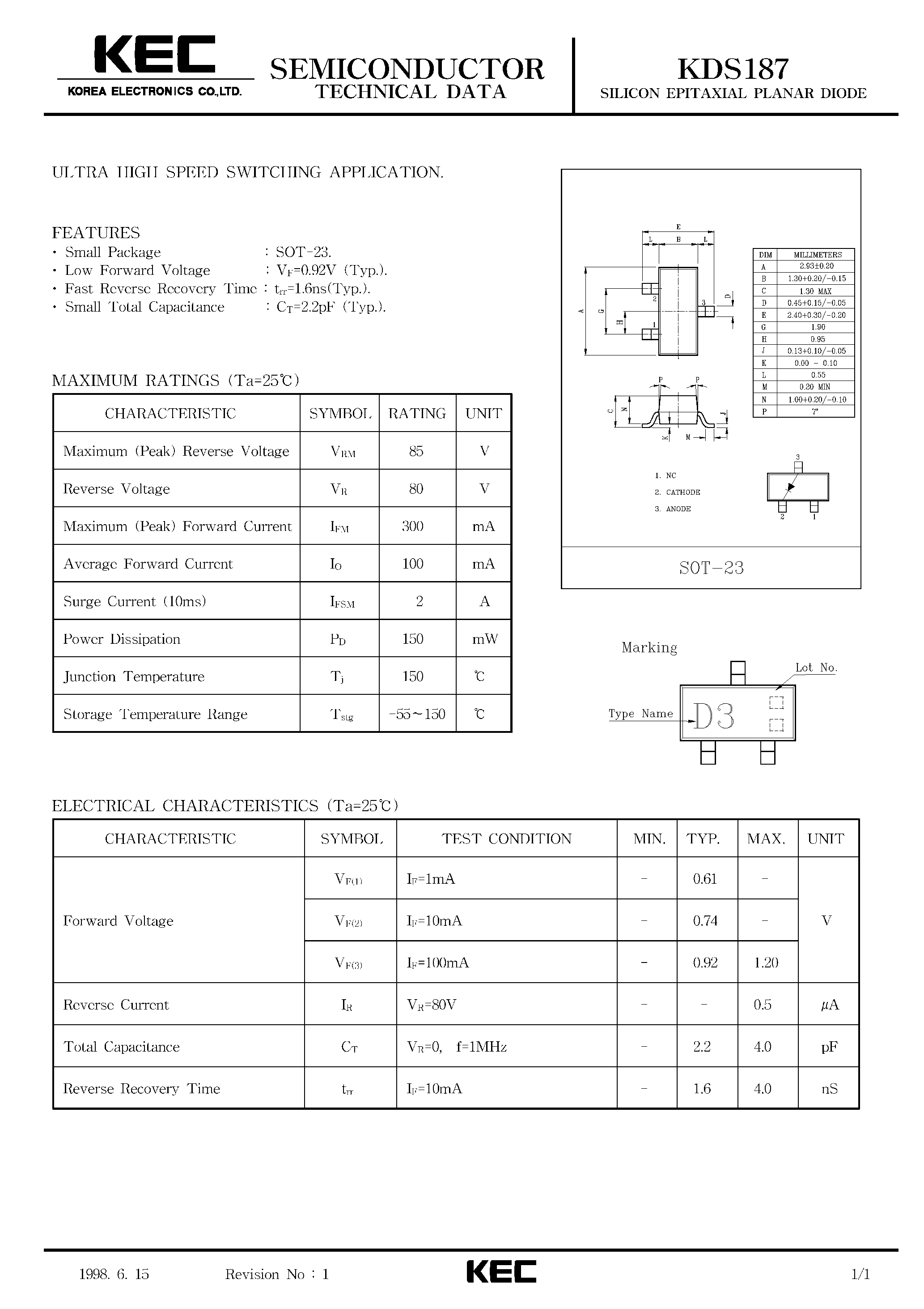 Datasheet KDS187 page 1 Datasheet KDS187 - SILICON EPITAXIAL PLANAR DIODE (ULTRA HIGH SPEED SWITCHING) page 1