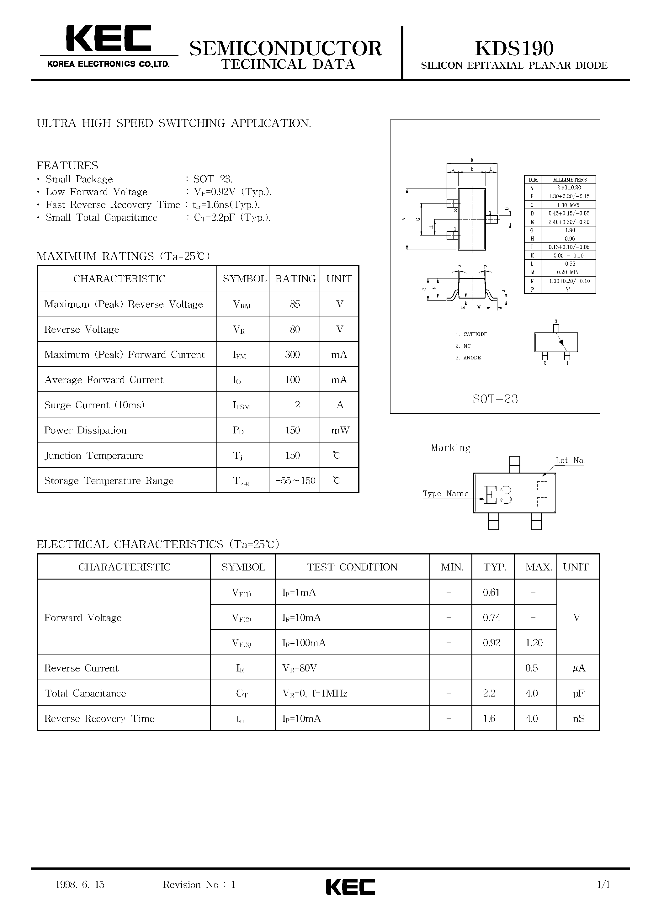Datasheet KDS190 page 1 Datasheet KDS190 - SILICON EPITAXIAL PLANAR DIODE (ULTRA HIGH SPEED SWITCHING) page 1