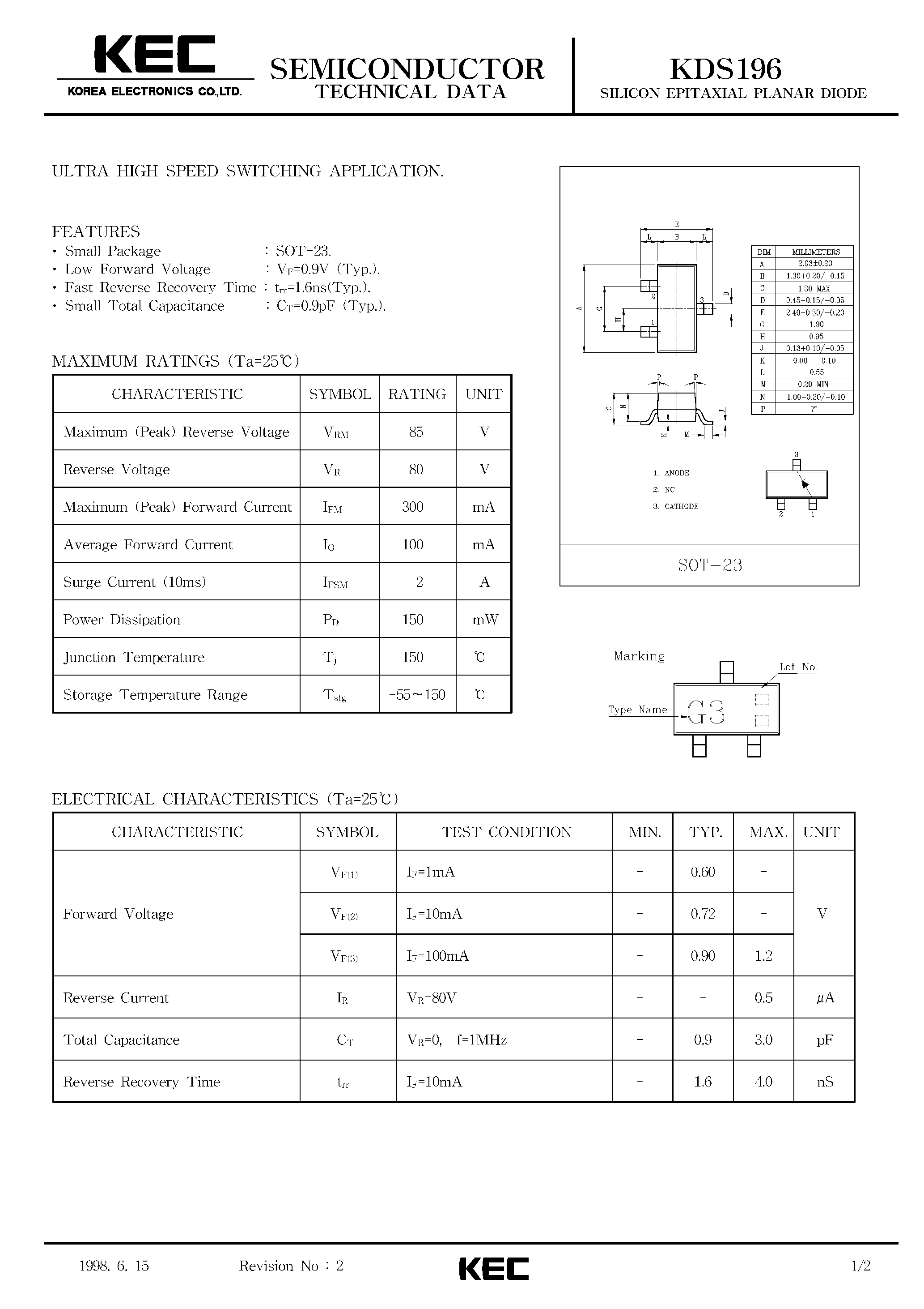 Datasheet KDS196 page 1 Datasheet KDS196 - SILICON EPITAXIAL PLANAR DIODE (ULTRA HIGH SPEED SWITCHING) page 1