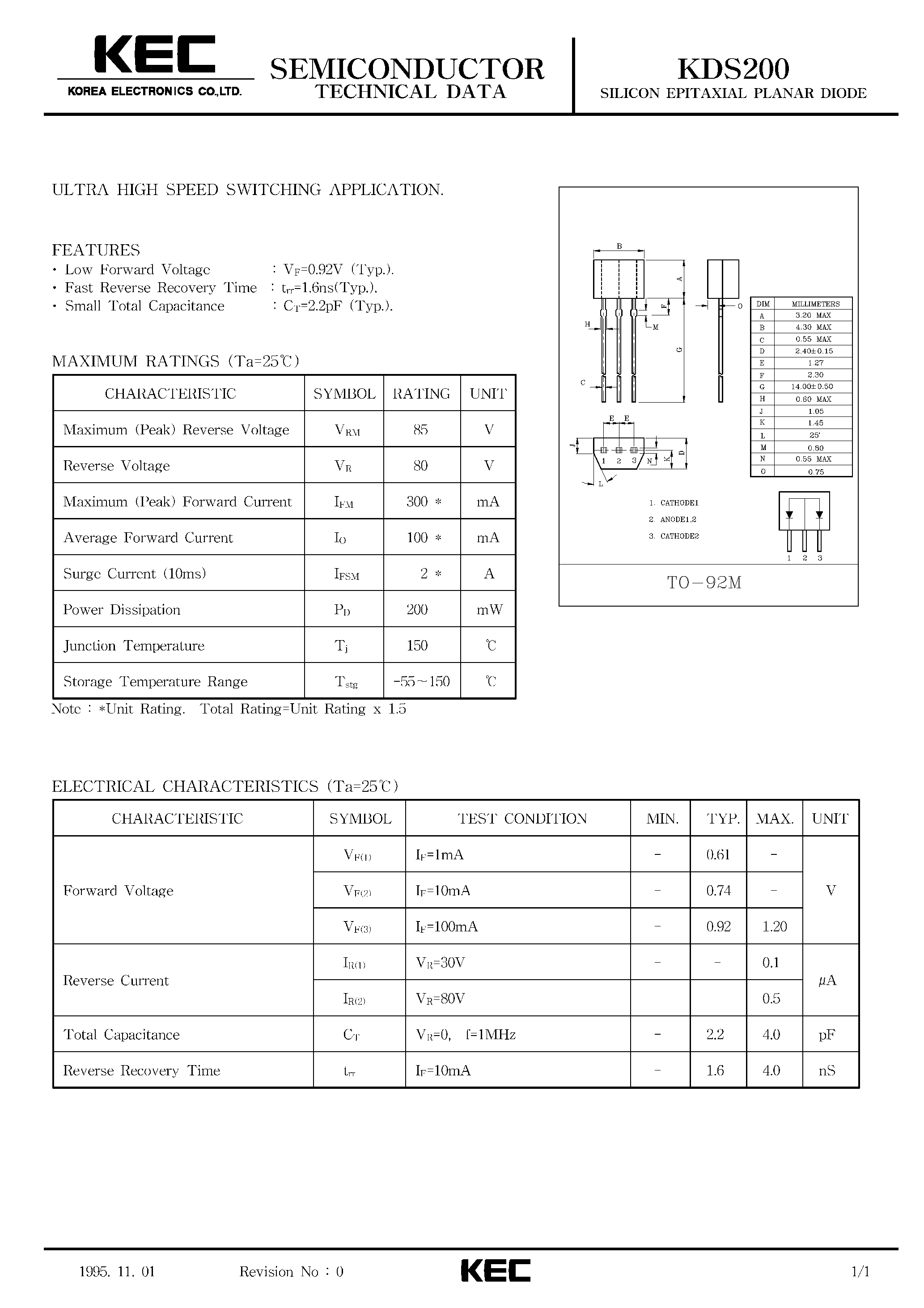 Datasheet KDS200 page 1 Datasheet KDS200 - SILICON EPITAXIAL PLANAR DIODE (ULTRA HIGH SPEED SWITCHING) page 1