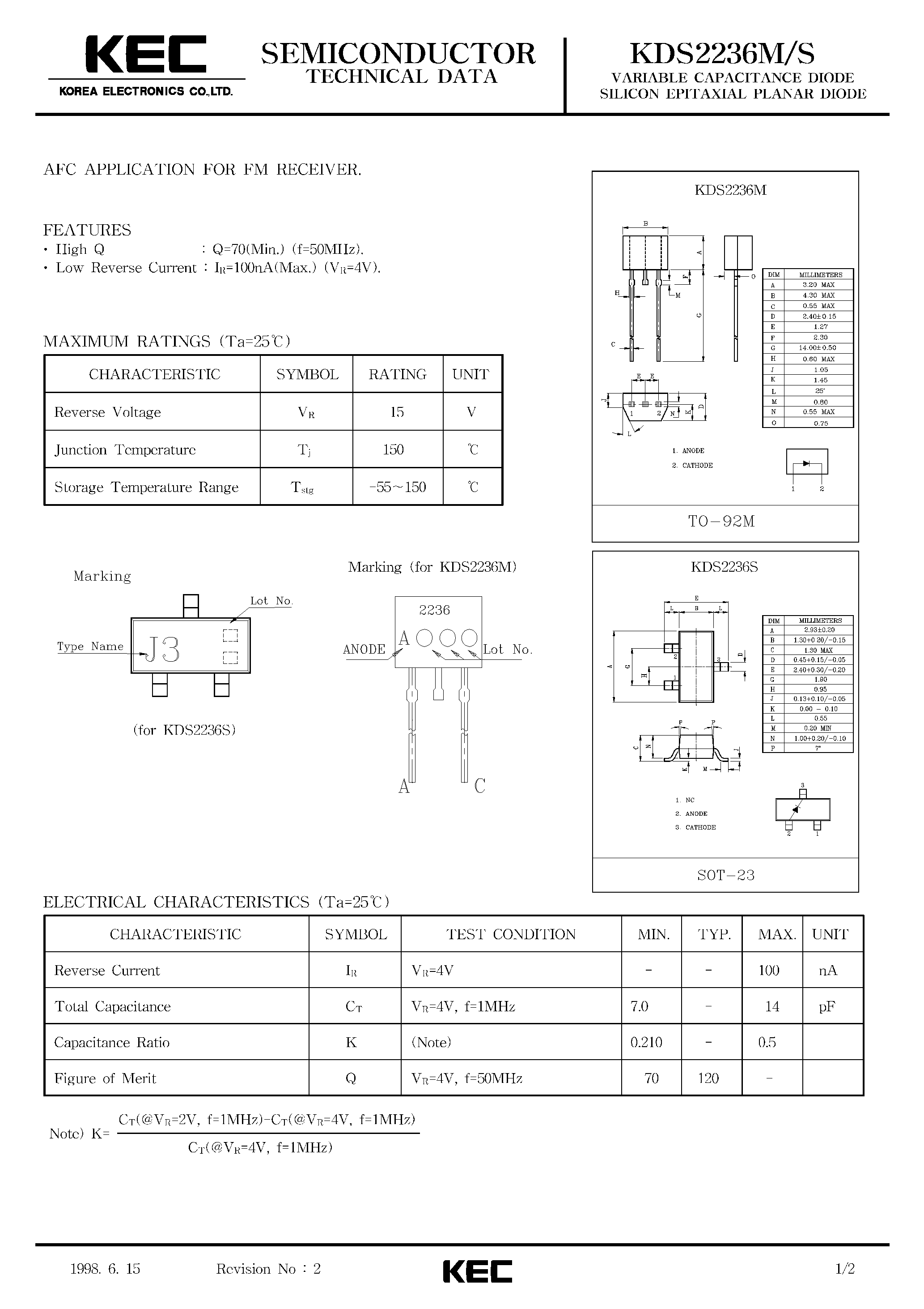 Datasheet KDS2236M - VARIABLE CAPACITANCE DIODE SILICON EPITAXIAL PLANAR DIODE page 1