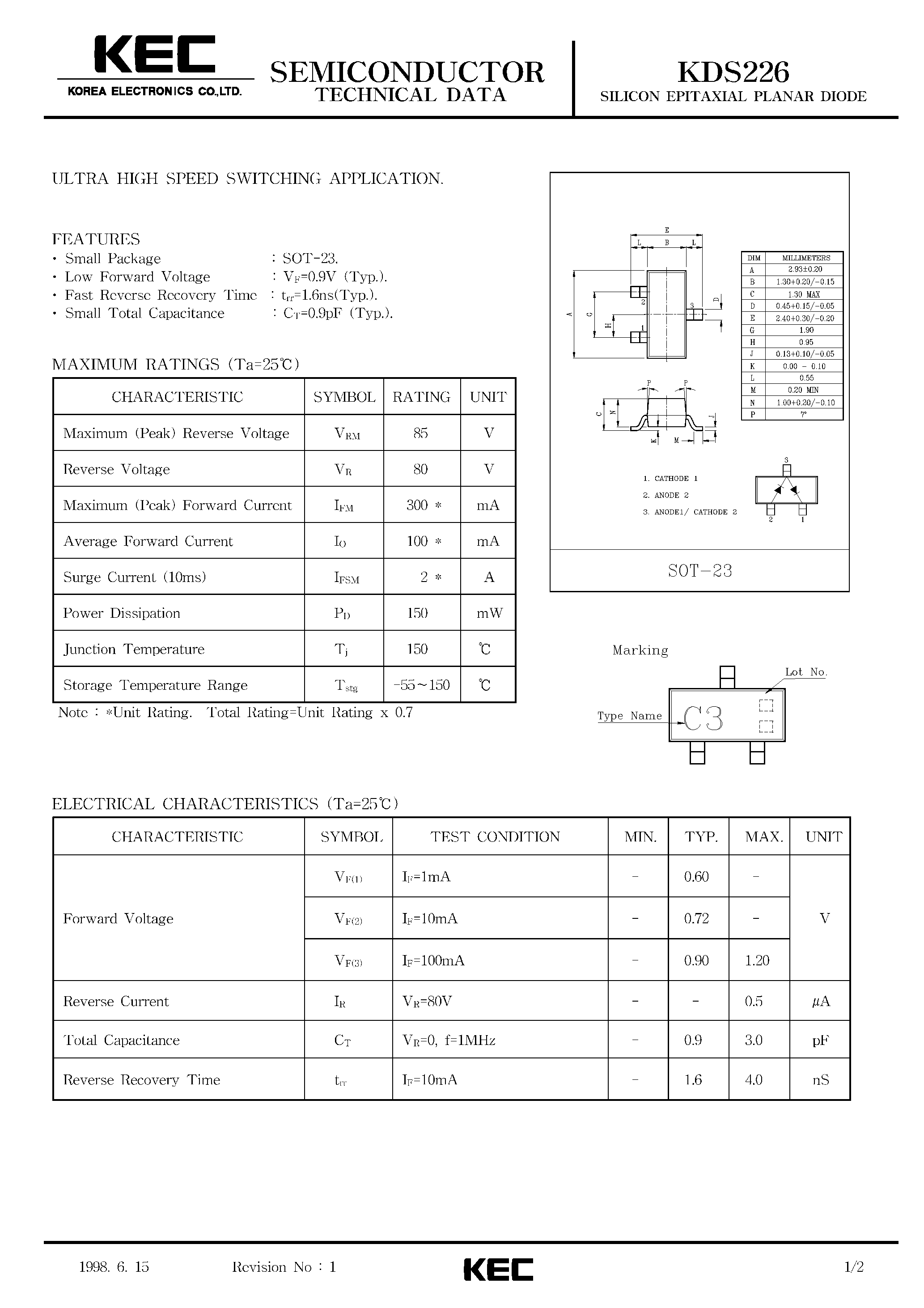 Datasheet KDS226 page 1 Datasheet KDS226 - SILICON EPITAXIAL PLANAR DIODE (ULTRA HIGH SPEED SWITCHING) page 1