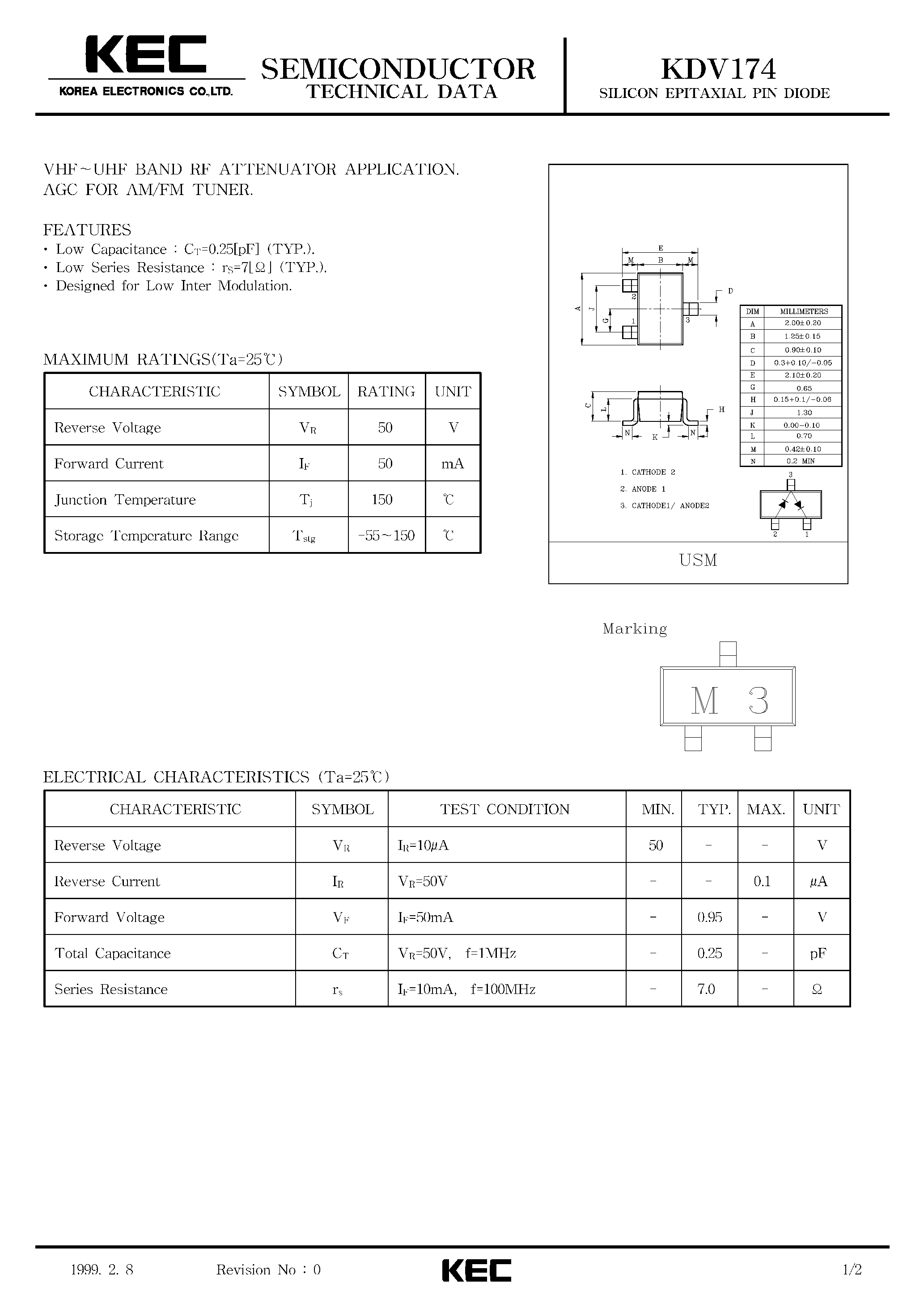 Datasheet KDV174 - SILICON EPITAXIAL PIN DIODE(VHF-UHF BAND RF ATTENUATOR APPLICATION/ AGC FOR AM/FM TUNER) page 1