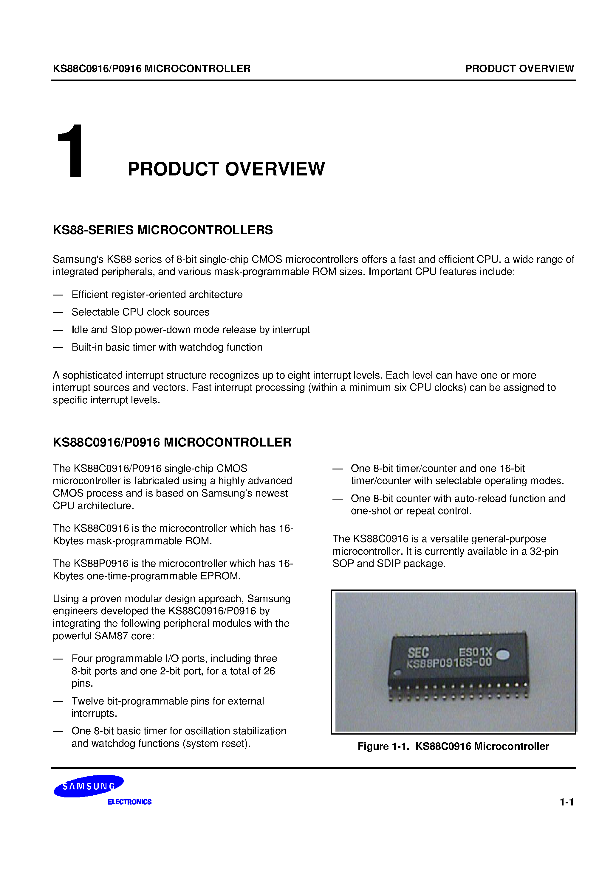 Datasheet KS88C0916 - KS88 series of 8-bit single-chip CMOS microcontrollers offers a fast and efficient CPU/ a wide range of integrated peripherals/ and various mask-progr page 1