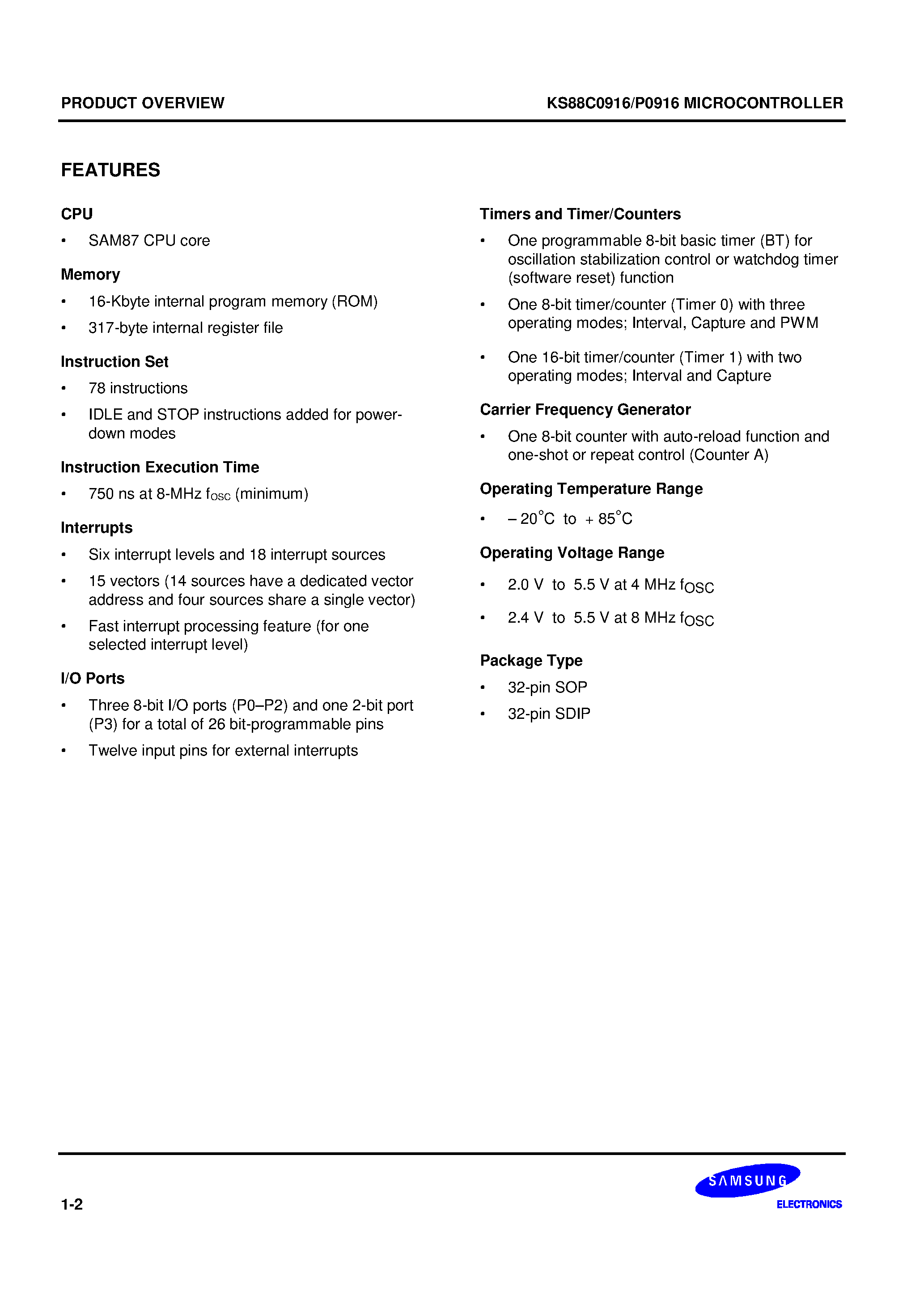 Datasheet KS88C0916 - KS88 series of 8-bit single-chip CMOS microcontrollers offers a fast and efficient CPU/ a wide range of integrated peripherals/ and various mask-progr page 2