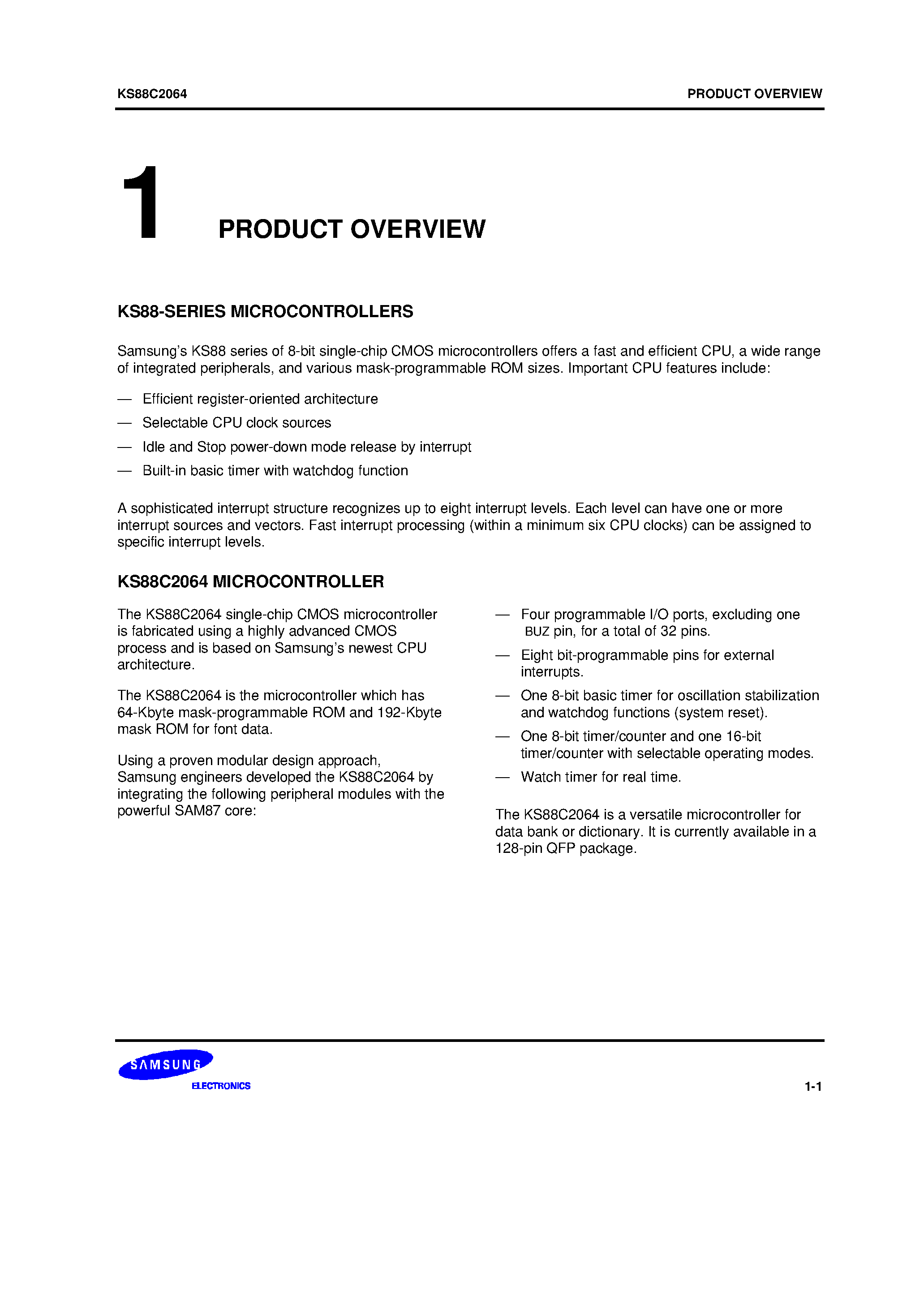 Datasheet KS88C2064 - KS88 series of 8-bit single-chip CMOS microcontrollers offers a fast and efficient CPU/ a wide range of integrated peripherals/ and various mask-progr page 1