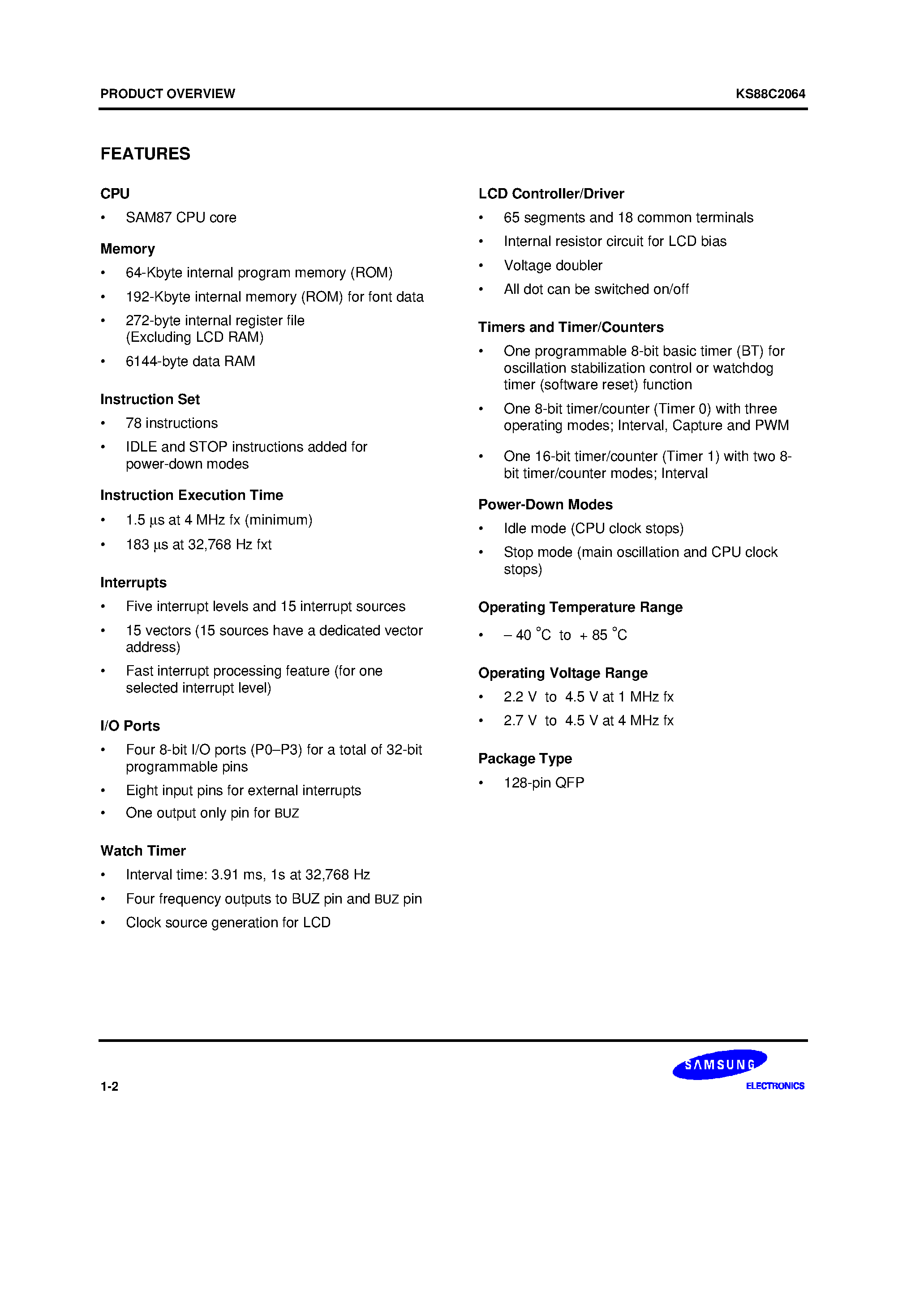 Datasheet KS88C2064 - KS88 series of 8-bit single-chip CMOS microcontrollers offers a fast and efficient CPU/ a wide range of integrated peripherals/ and various mask-progr page 2