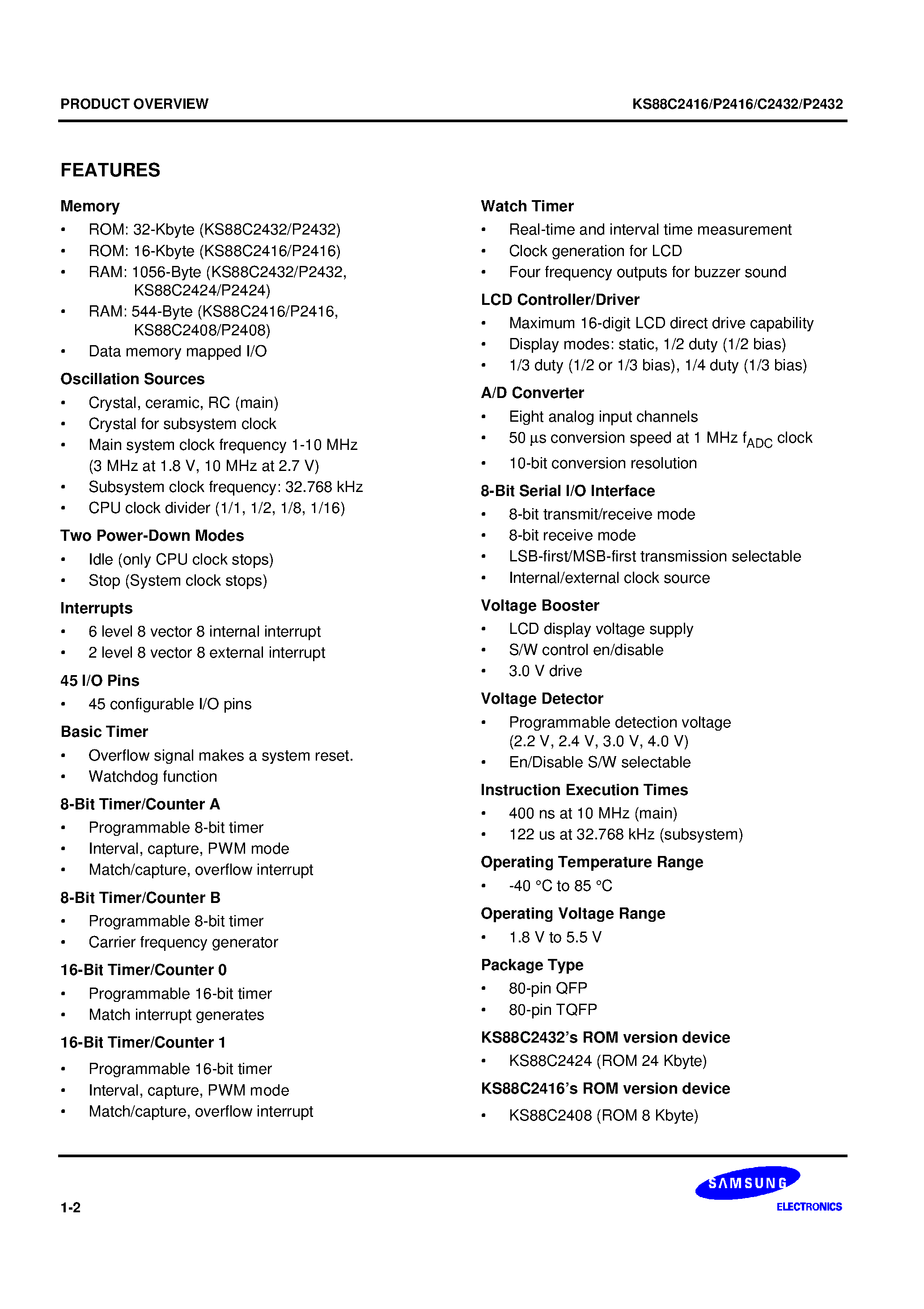 Datasheet KS88C2416 - KS88 series of 8-bit single-chip CMOS microcontrollers offers a fast and efficient CPU/ a wide range of integrated peripherals/ and various mask-progr page 2