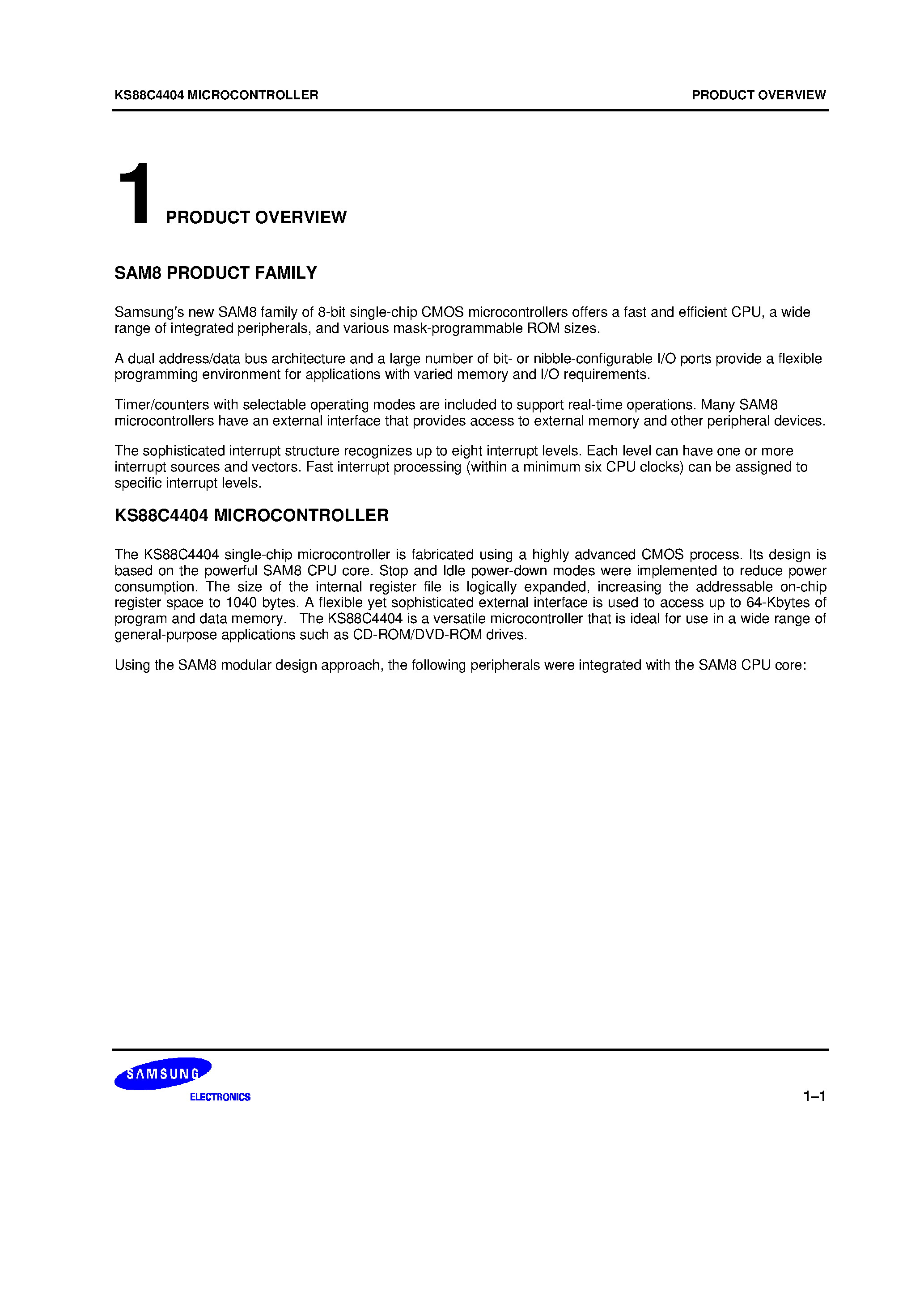 Datasheet KS88C4404 - new SAM8 family of 8-bit single-chip CMOS microcontrollers offers a fast and efficient CPU/ a wide range of integrated peripherals/ and various mask-p page 1