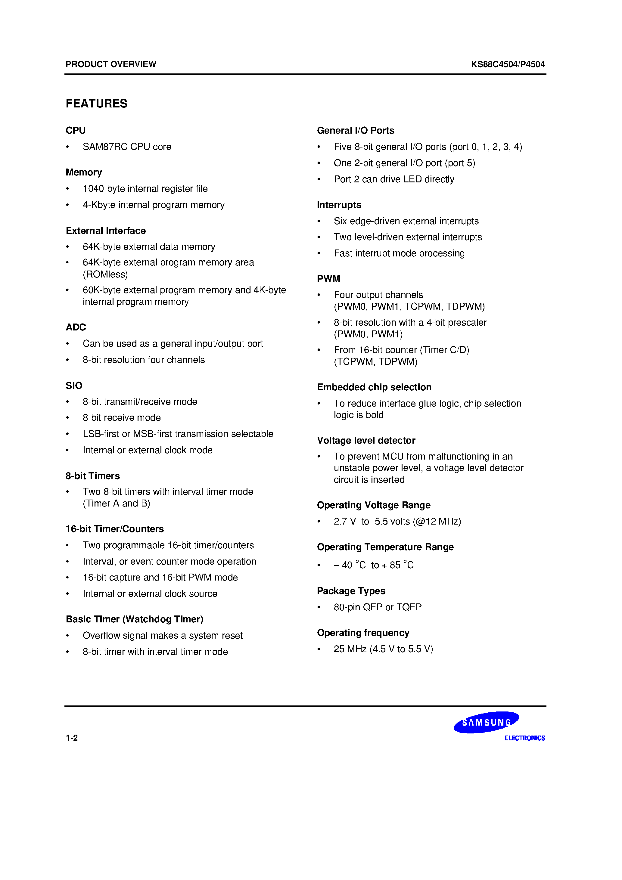 Datasheet KS88C4504 - new SAM87RC family of 8-bit single-chip CMOS microcontrollers offers a fast and efficient CPU/ a wide range of integrated peripherals/ and various mas page 2