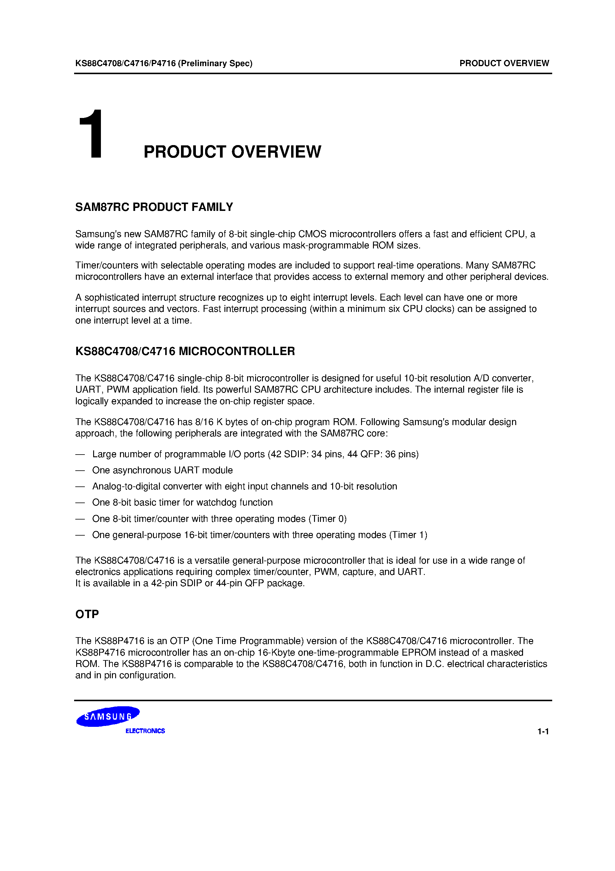Datasheet KS88C4708 - new SAM87RC family of 8-bit single-chip CMOS microcontrollers offers a fast and efficient CPU/ a wide range of integrated peripherals/ and various mas page 1