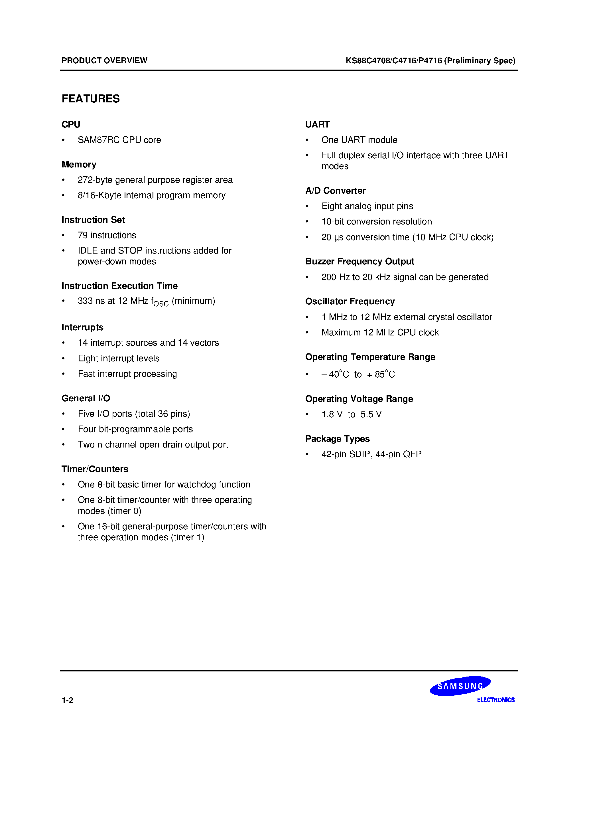 Datasheet KS88C4716 - new SAM87RC family of 8-bit single-chip CMOS microcontrollers offers a fast and efficient CPU/ a wide range of integrated peripherals/ and various mas page 2