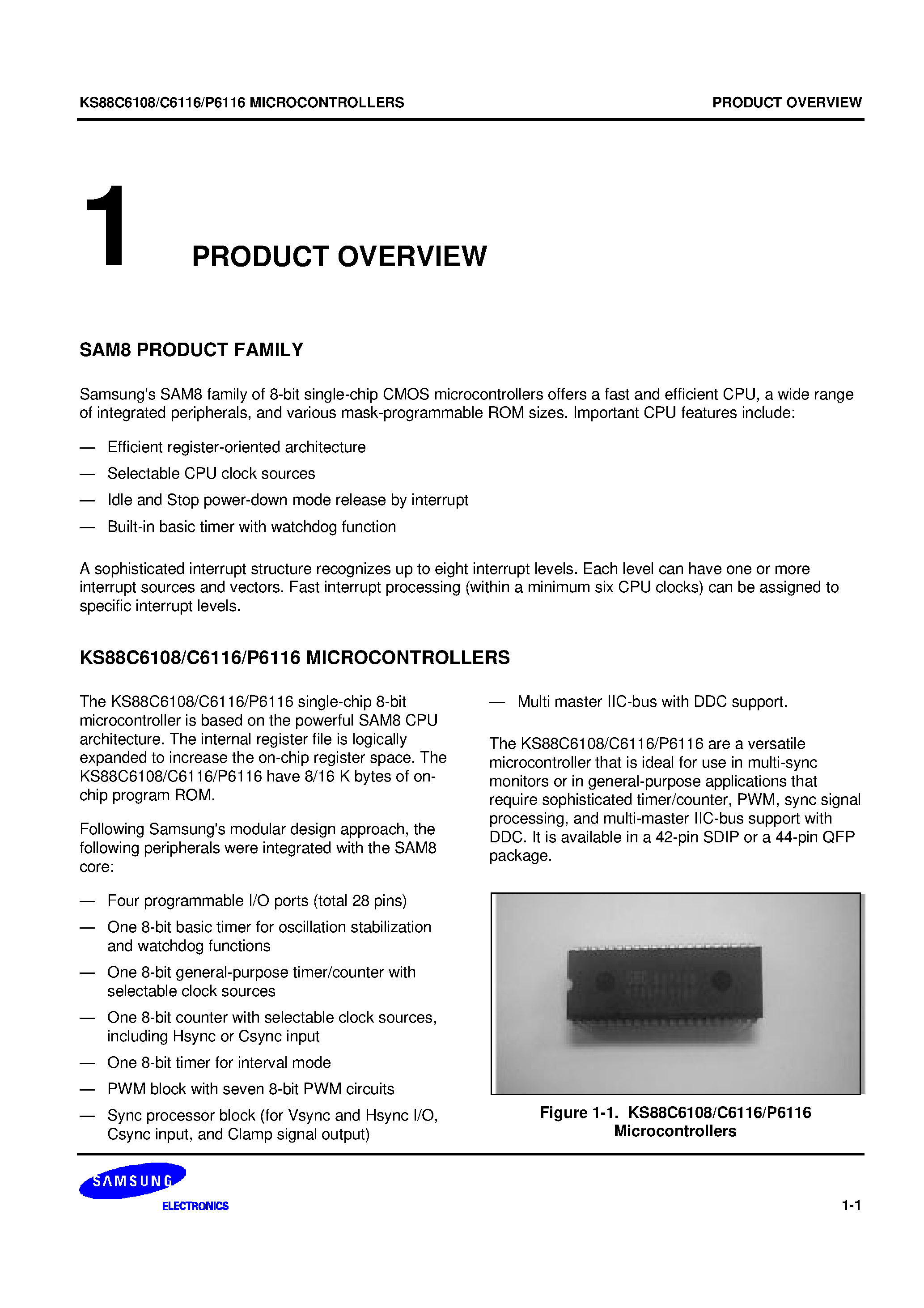 Datasheet KS88C6108 - SAM8 family of 8-bit single-chip CMOS microcontrollers offers a fast and efficient CPU/ a wide range of integrated peripherals/ and various mask-progr page 1
