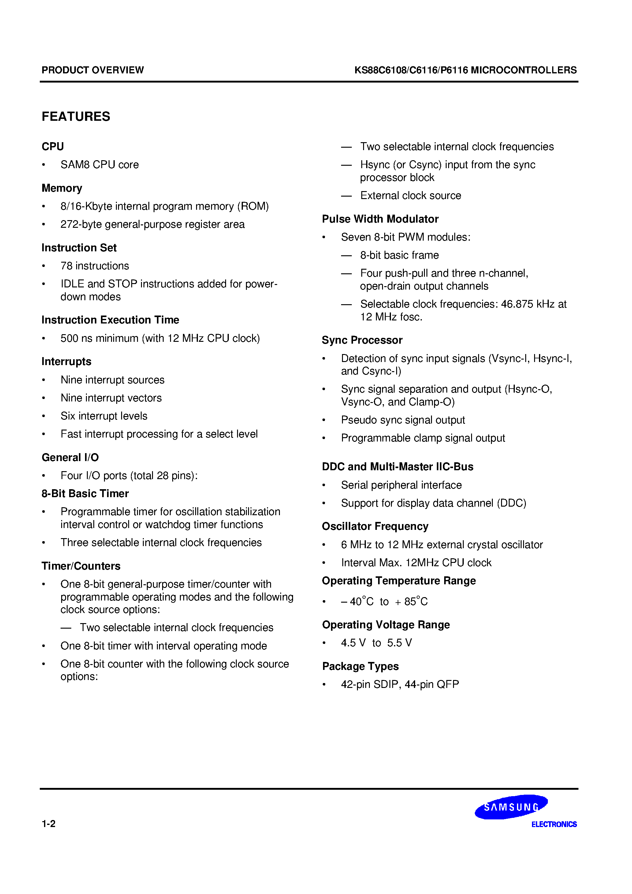Datasheet KS88C6108 - SAM8 family of 8-bit single-chip CMOS microcontrollers offers a fast and efficient CPU/ a wide range of integrated peripherals/ and various mask-progr page 2