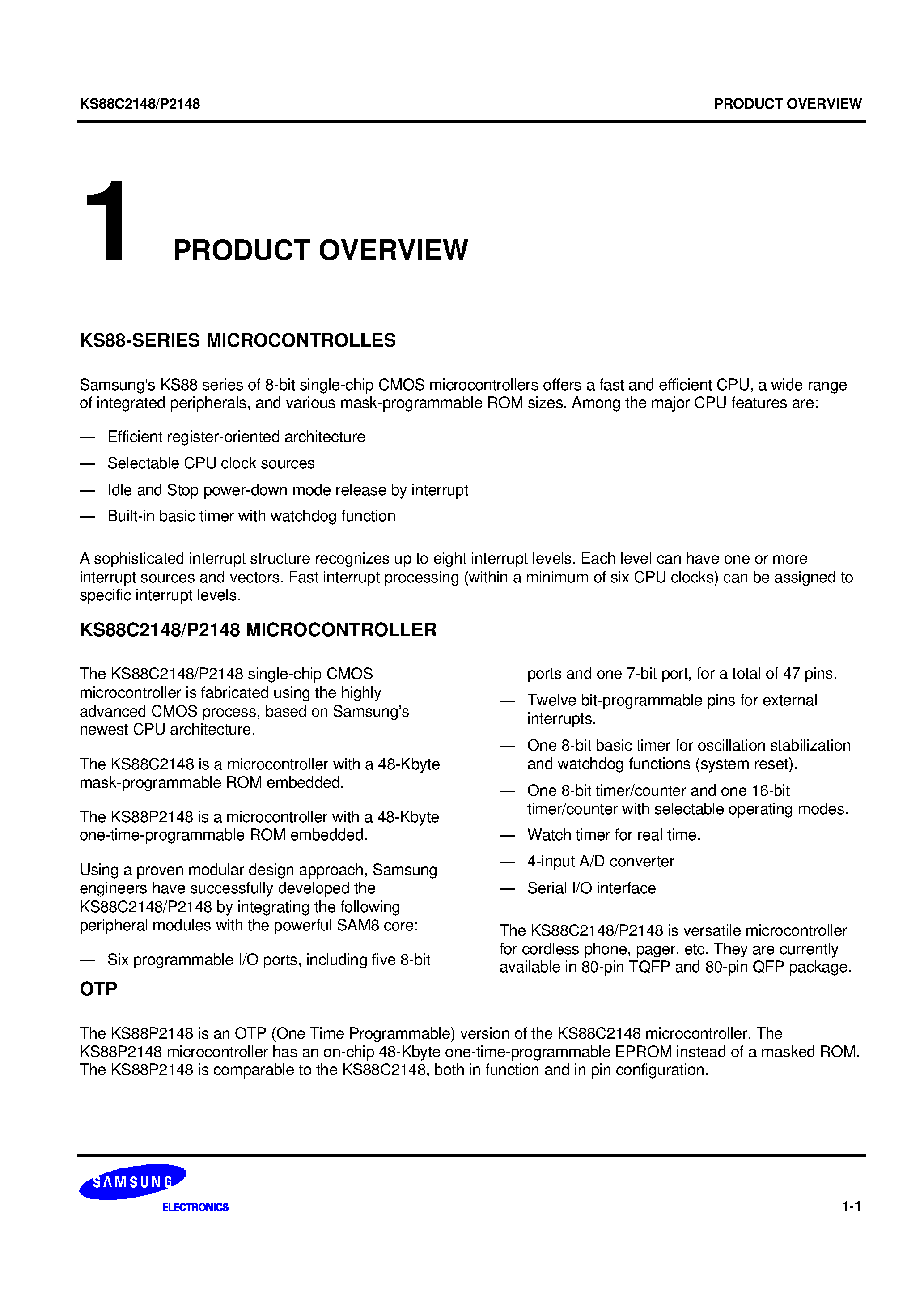 Datasheet KS88P2148 - KS88 series of 8-bit single-chip CMOS microcontrollers offers a fast and efficient CPU/ a wide range of integrated peripherals/ and various mask-progr page 1