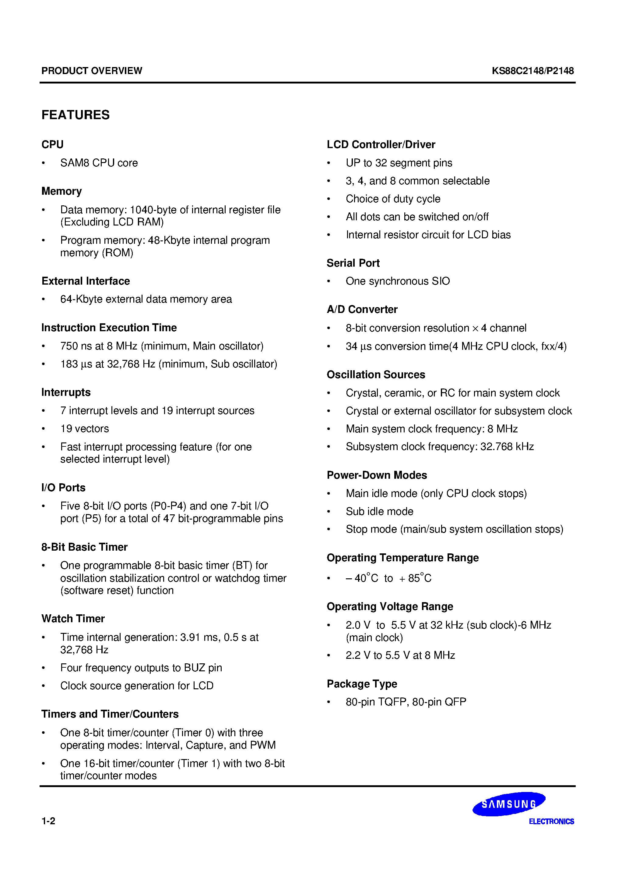Datasheet KS88P2148 - KS88 series of 8-bit single-chip CMOS microcontrollers offers a fast and efficient CPU/ a wide range of integrated peripherals/ and various mask-progr page 2