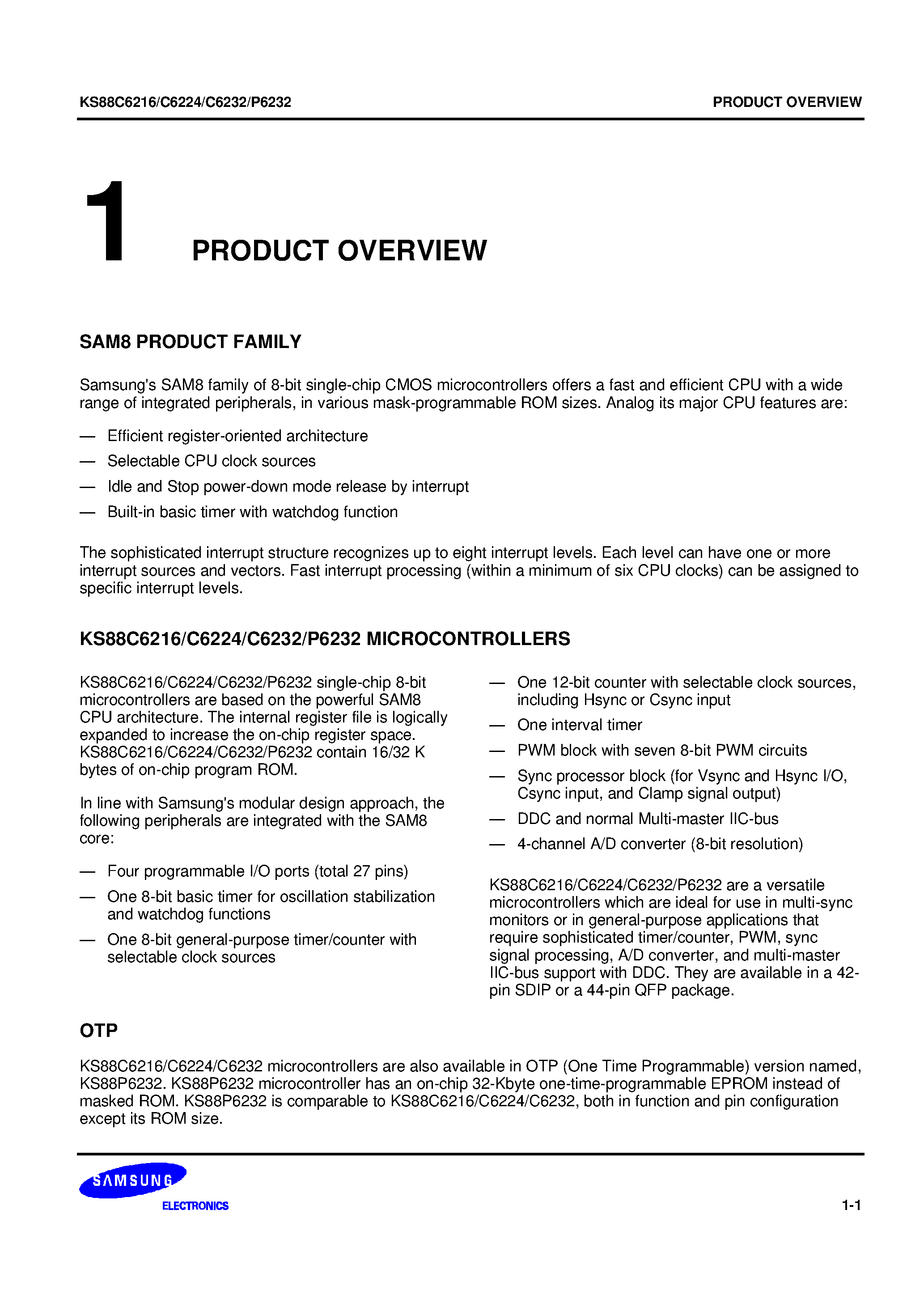 Datasheet KS88P6232 - SAM8 family of 8-bit single-chip CMOS microcontrollers offers a fast and efficient CPU with a wide range of integrated peripherals page 1