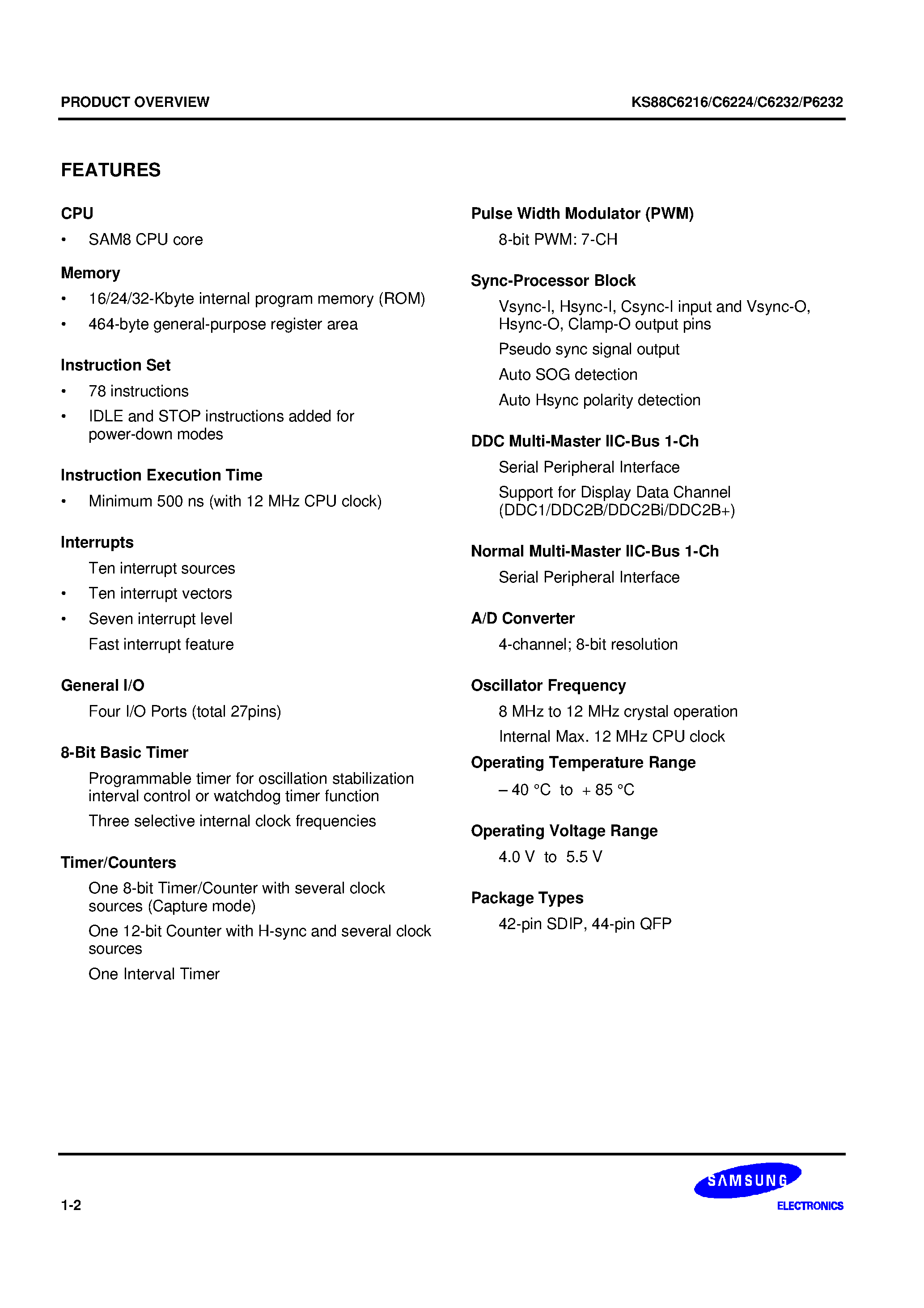 Datasheet KS88P6232 - SAM8 family of 8-bit single-chip CMOS microcontrollers offers a fast and efficient CPU with a wide range of integrated peripherals page 2