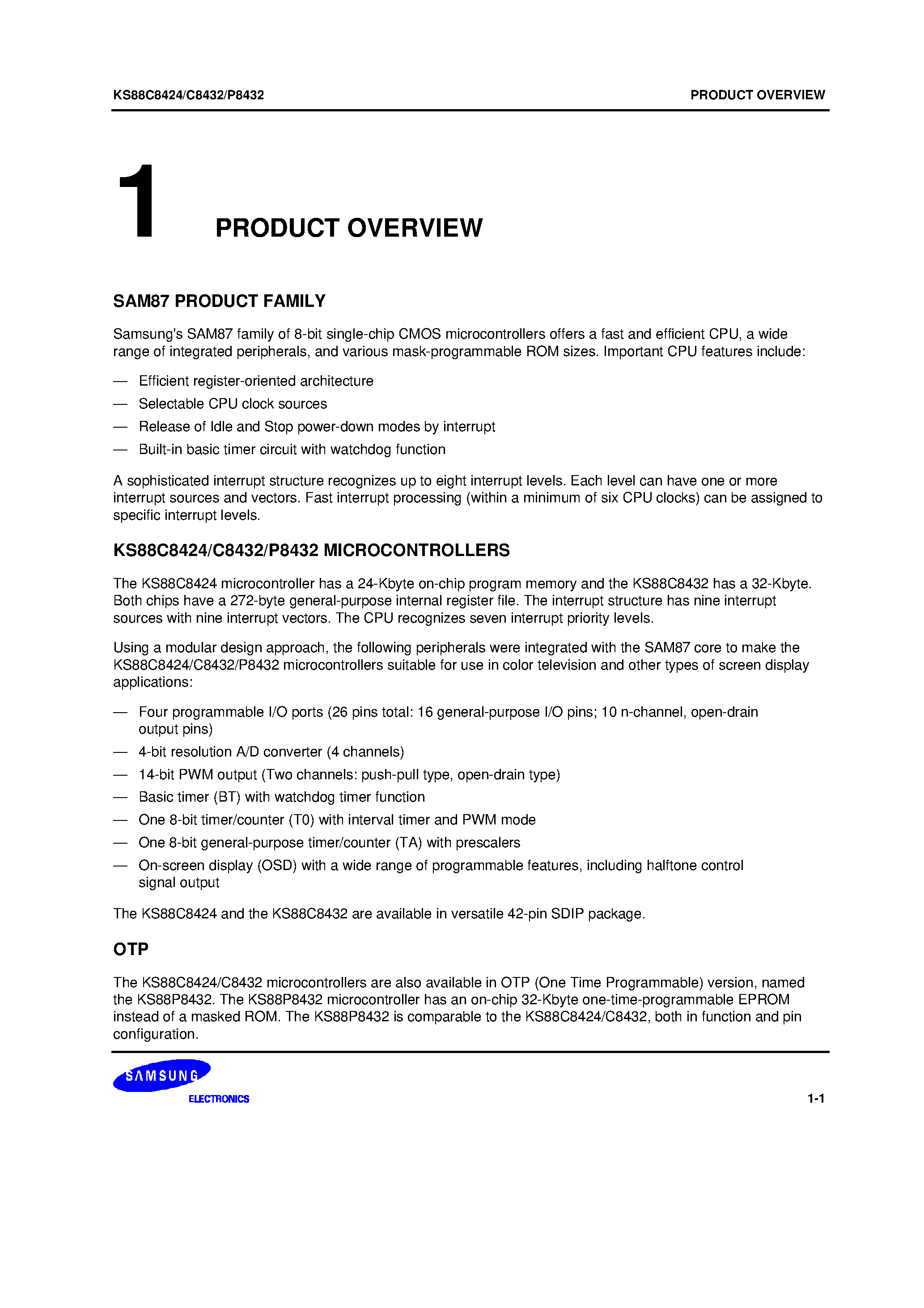 Datasheet KS88P8432 page 2 Datasheet KS88P8432 - SAM87 family of 8-bit single-chip CMOS microcontrollers offers a fast and efficient CPU page 2