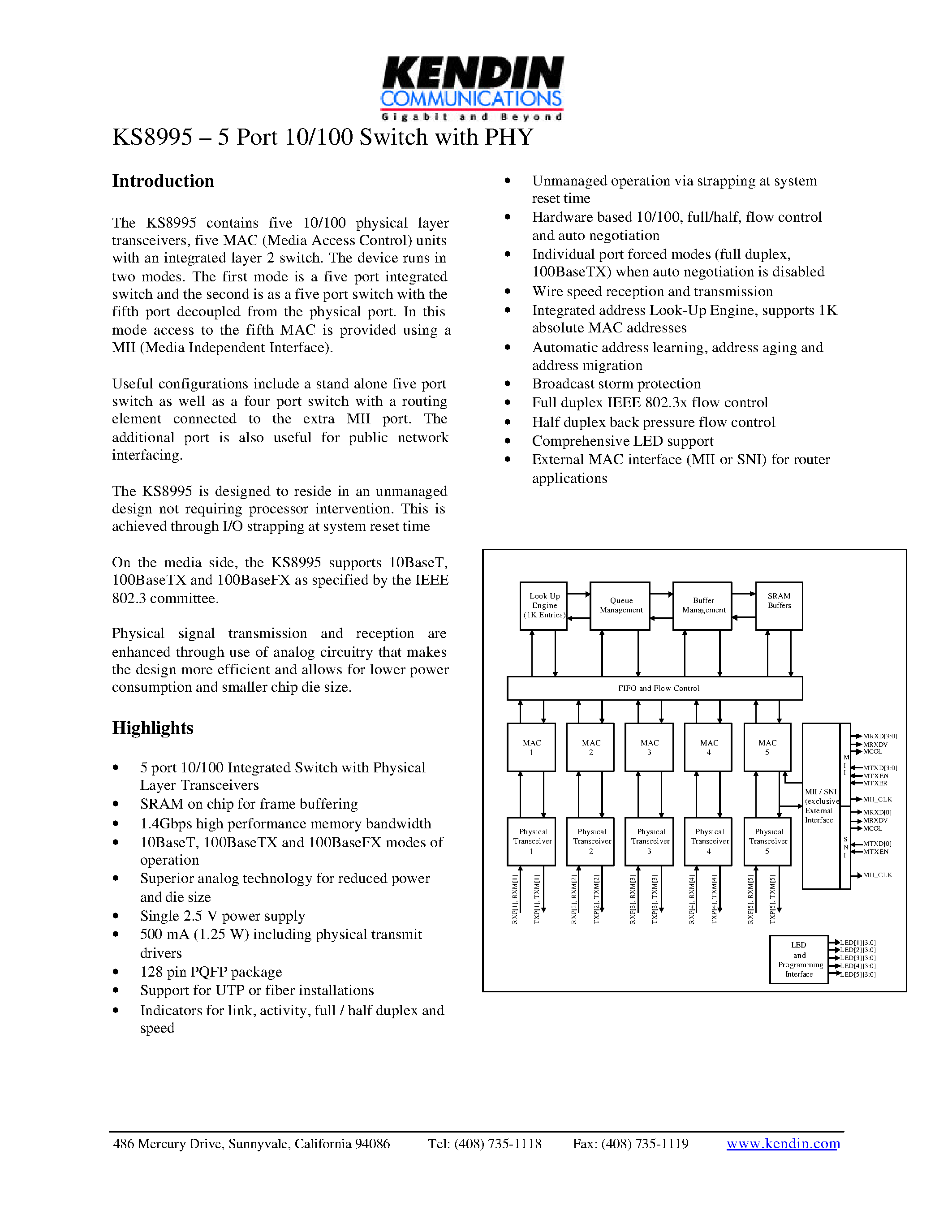 Datasheet KS8995M page 1 Datasheet KS8995M - 5 Port 10/100 Switch with PHY page 1