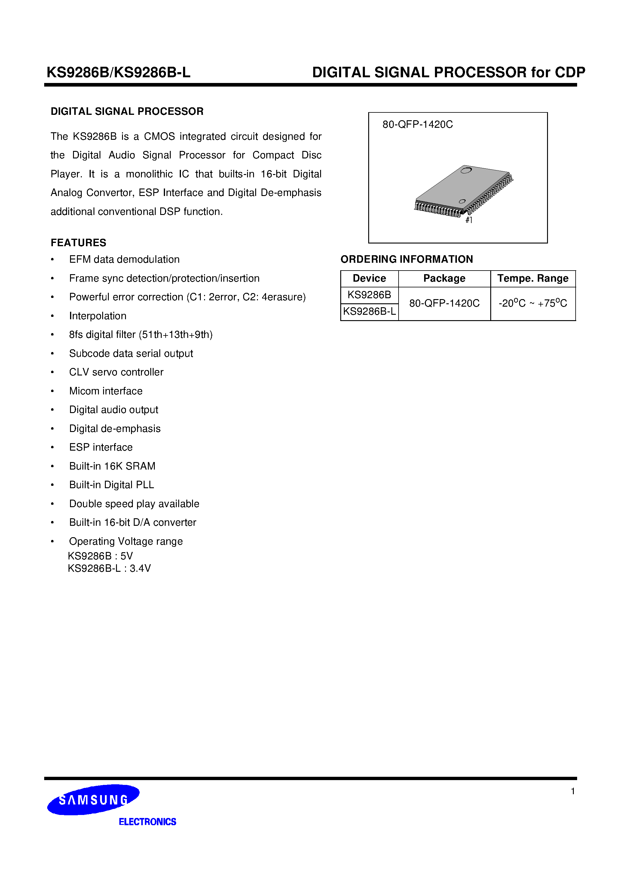 Datasheet KS9286B-L - DIGITAL SIGNAL PROCESSOR for CDP page 1
