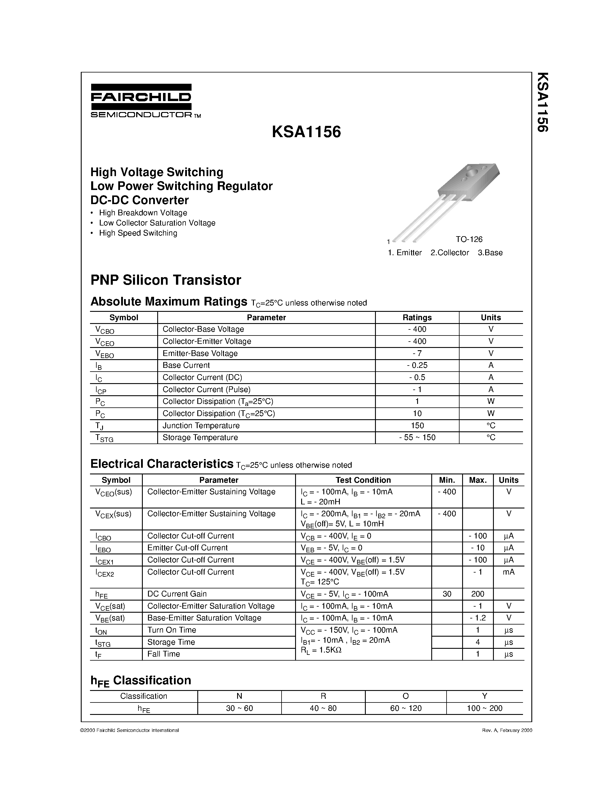 Даташит KSA1156 - High Voltage Switching Low Power Switching Regulator DC-DC Converter страница 1