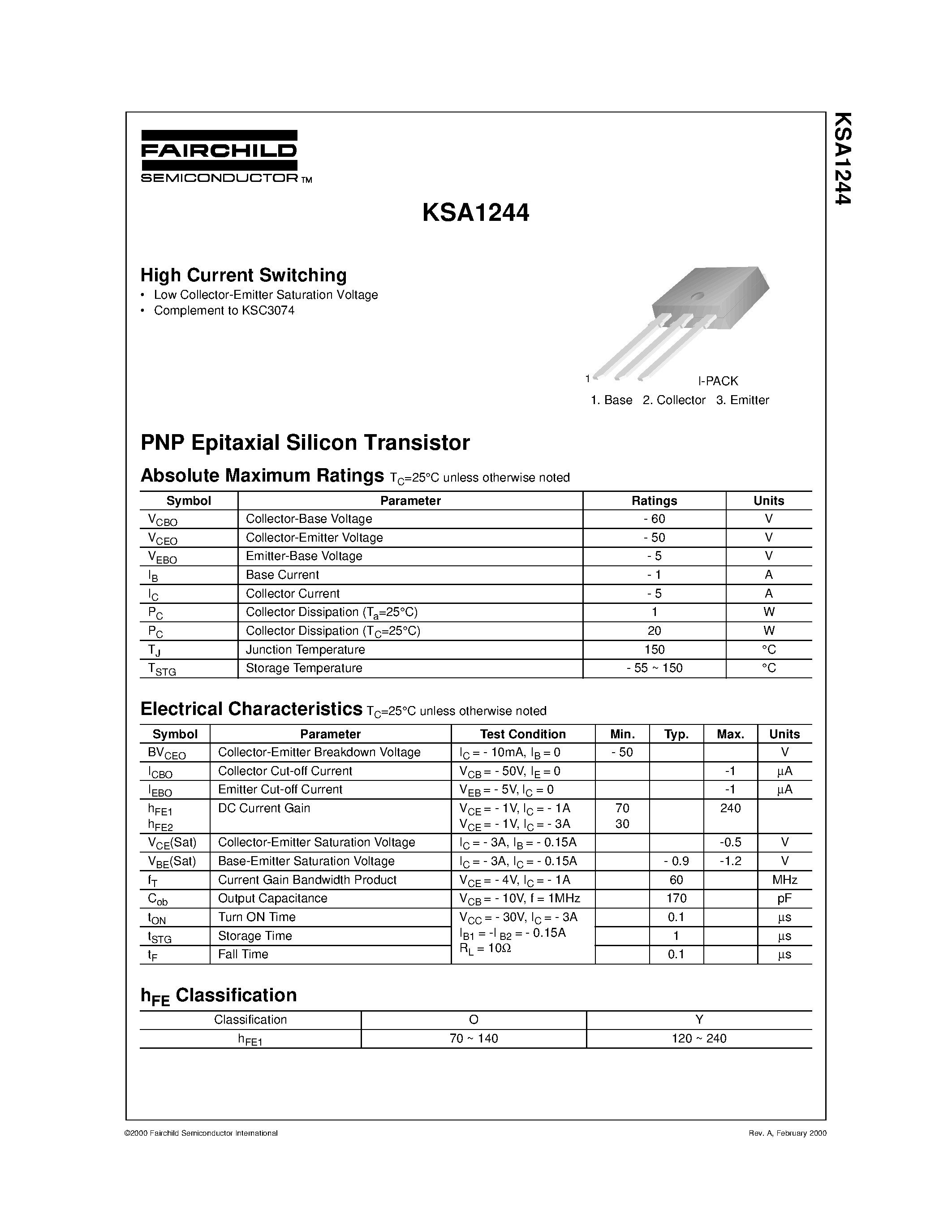 Datasheet KSA1244 page 1 Datasheet KSA1244 - High Current Switching page 1