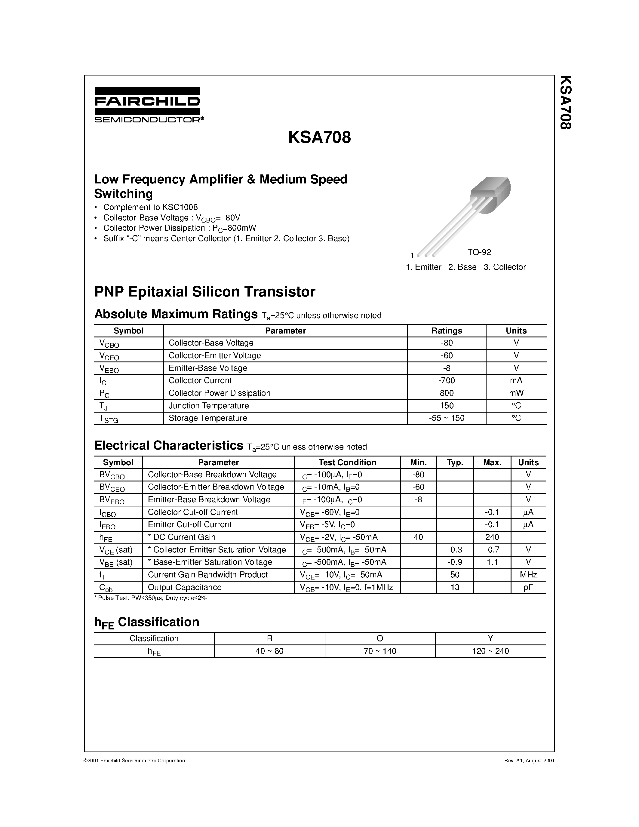 Datasheet KSA708 page 1 Datasheet KSA708 - Low Frequency Amplifier & Medium Speed Switching page 1