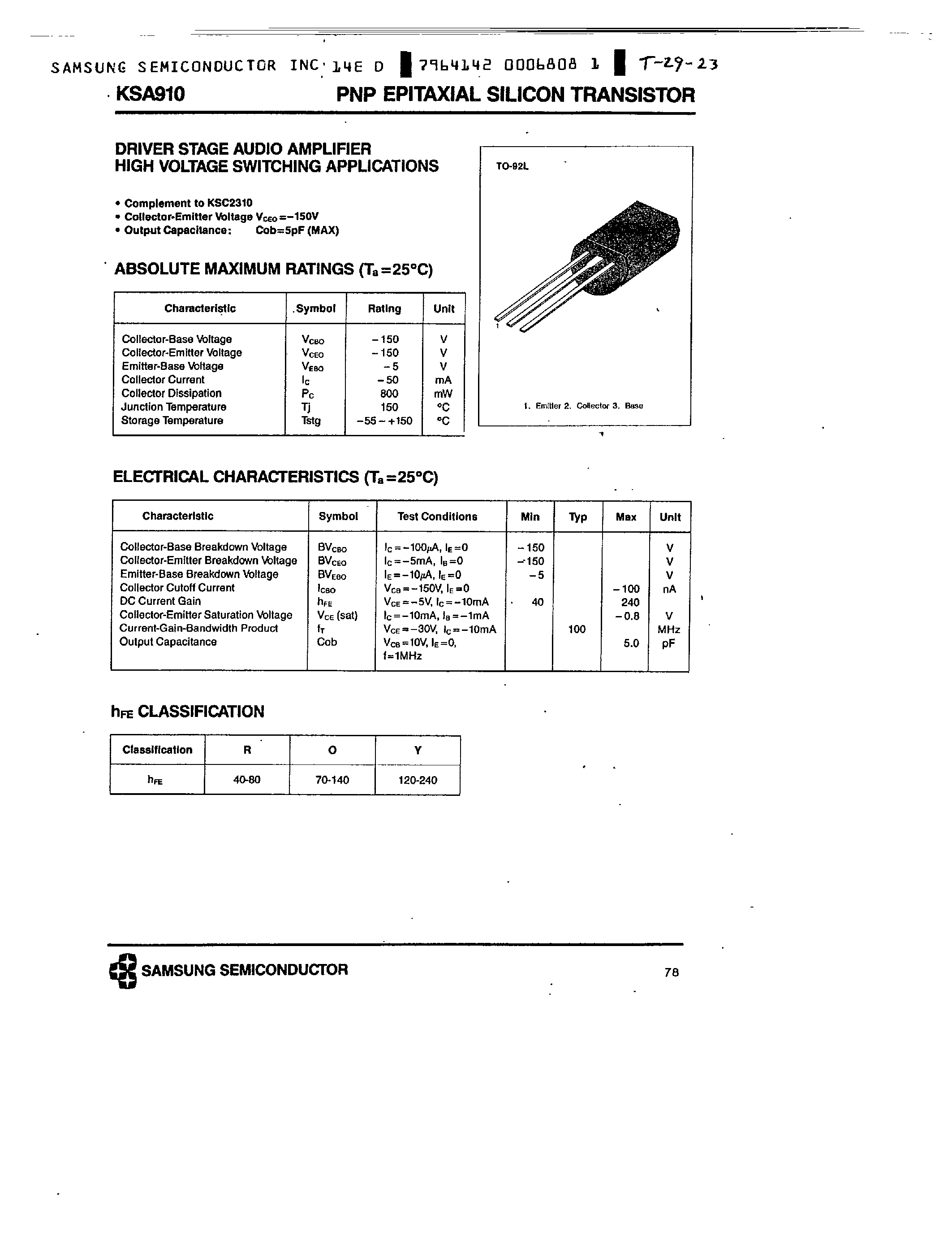 Datasheet KSA910 - PNP (DRIVER STAGE AUDIO AMPLIFIER HIGH VOLTAGE SWITCHING APPLICATIONS) page 1