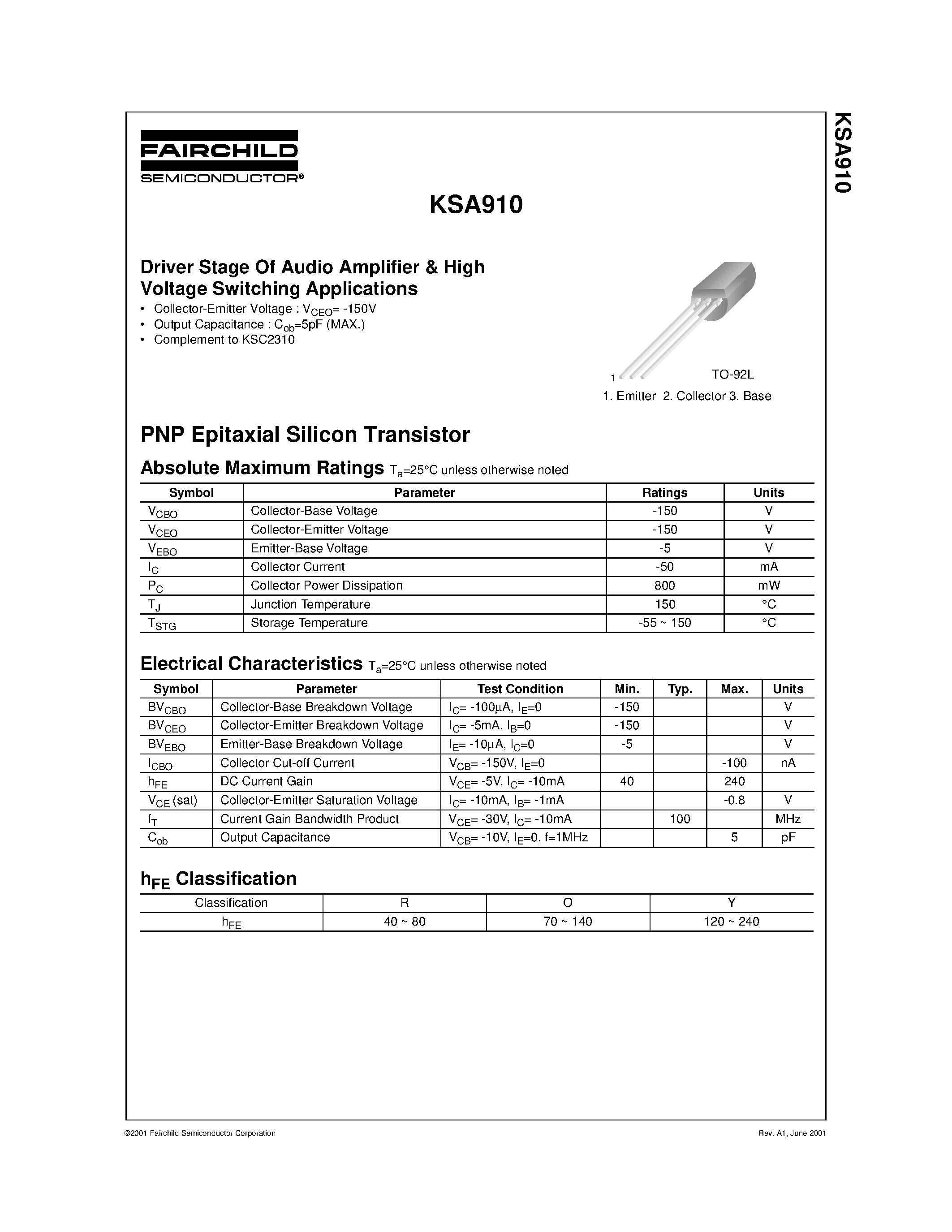Datasheet KSA910 - Driver Stage Of Audio Amplifier & High Voltage Switching Applications page 1