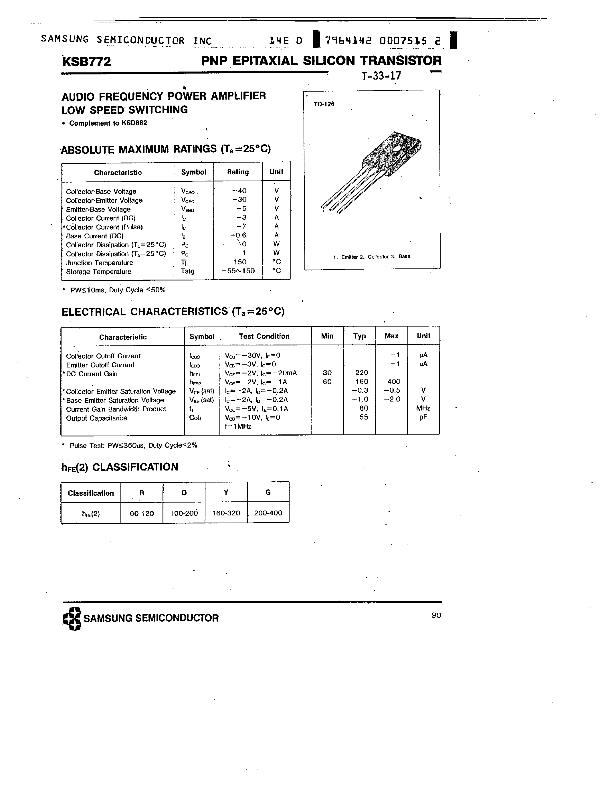 Datasheet KSB772 - PNP (AUDIO FREQUENCY POWER AMPLIFIER LOW SPEED SWITCHING) page 1