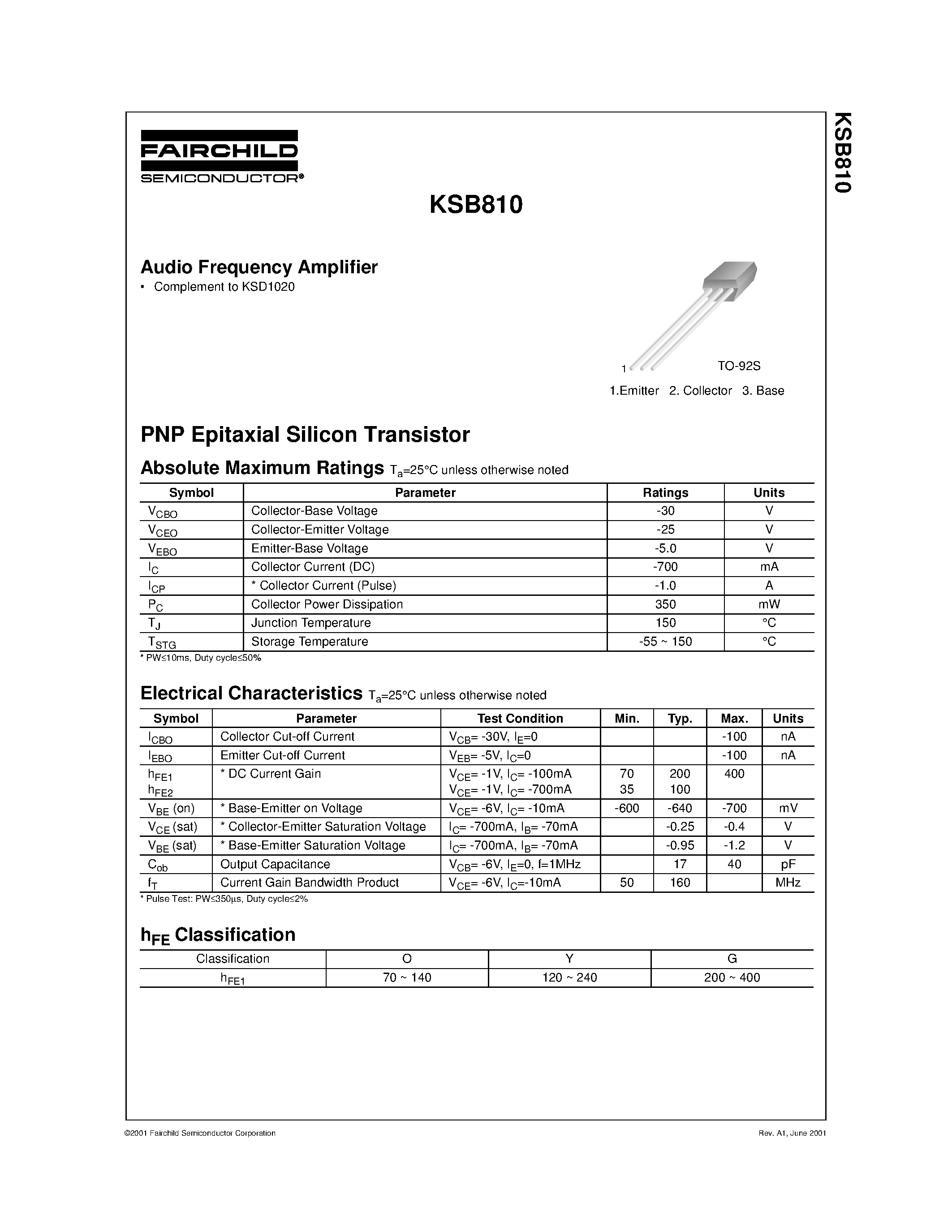 Даташит на микросхему KSB810 страница 1 Даташит KSB810 - Audio Frequency Amplifier страница 1