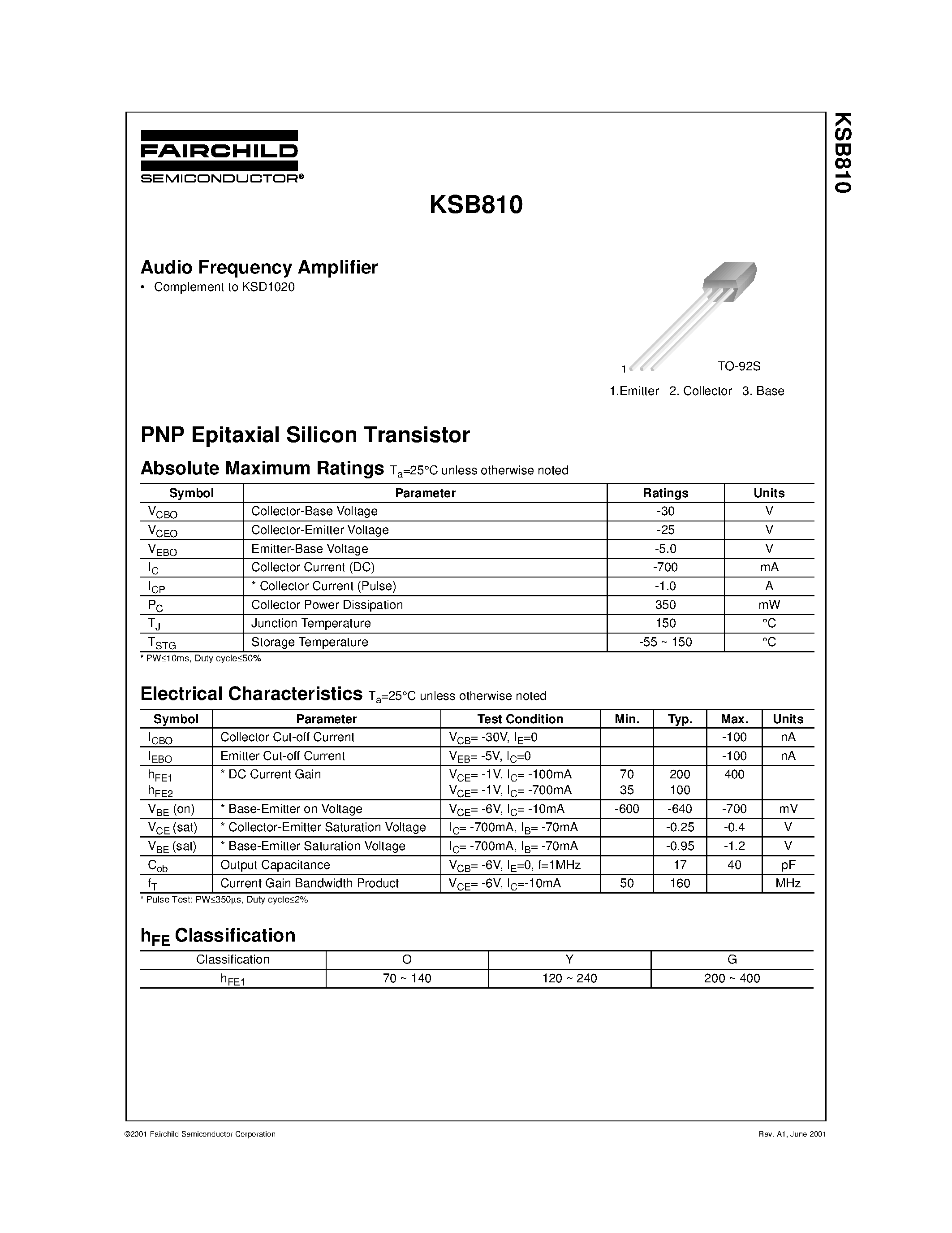 Даташит KSB810 - Audio Frequency Amplifier страница 1