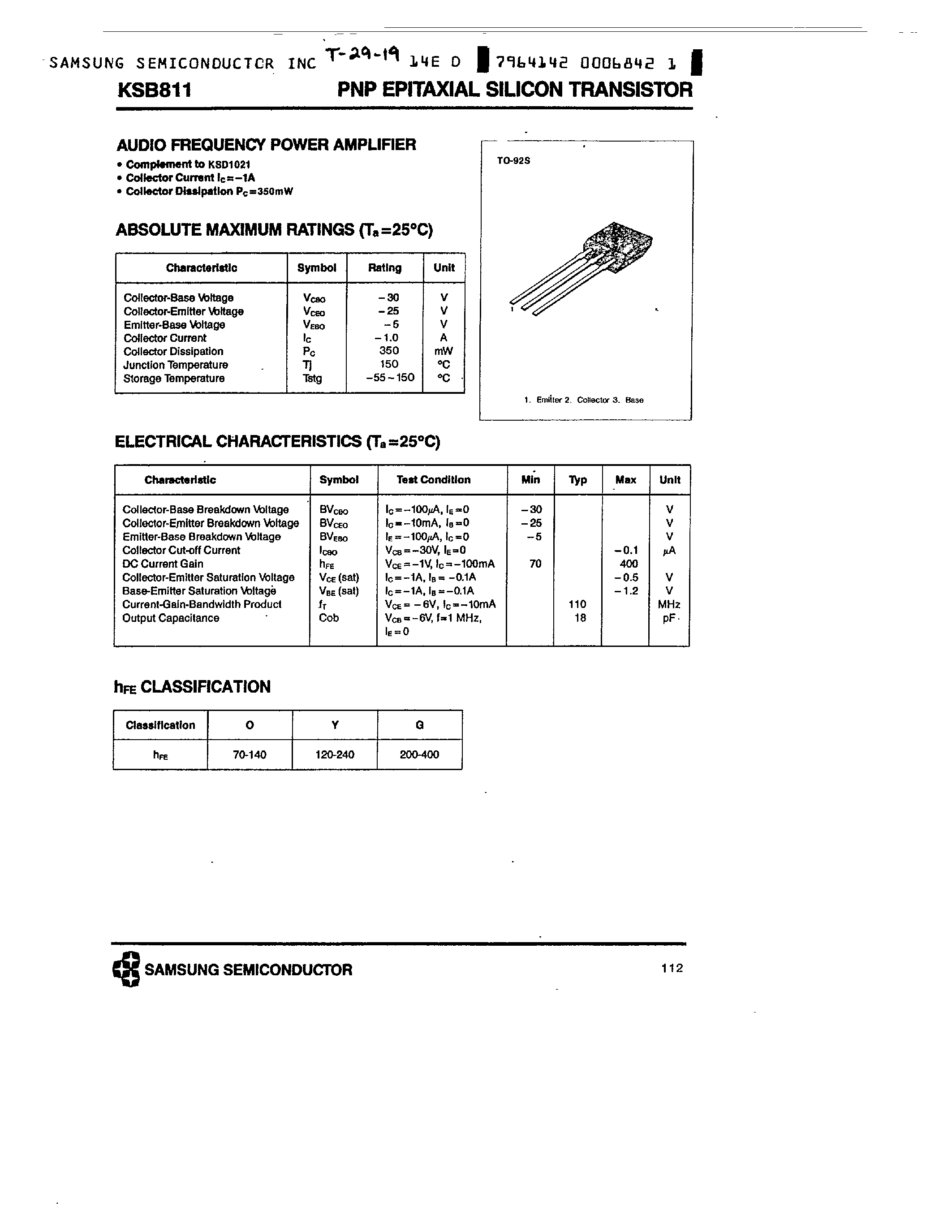 Datasheet KSB811 - PNP (AUDIO FREQUENCY POWER AMPLIFIER) page 1