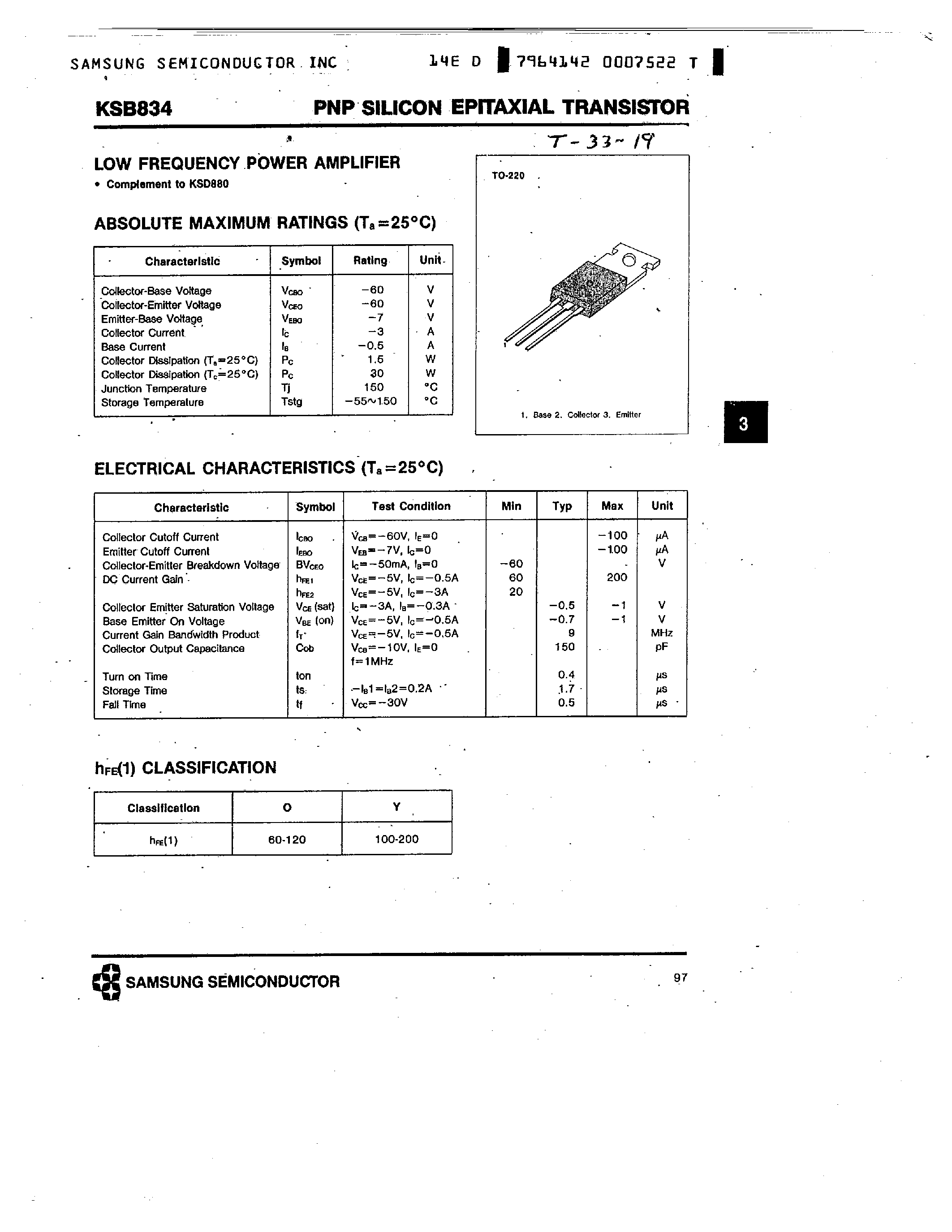 Datasheet KSB834 - PNP (LOW FREQUENCY POWER AMPLIFIER) page 1