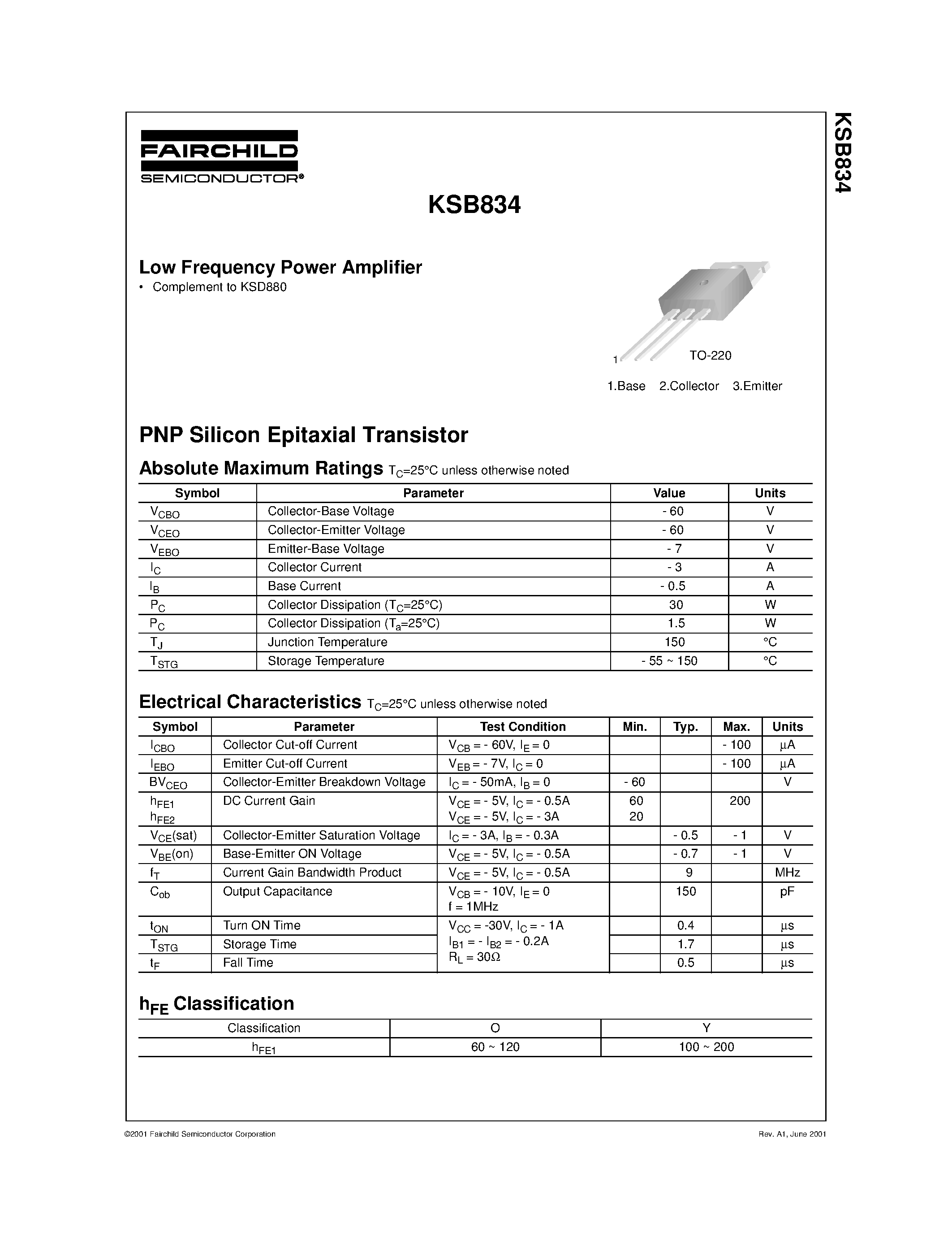 Даташит KSB834 - Low Frequency Power Amplifier страница 1