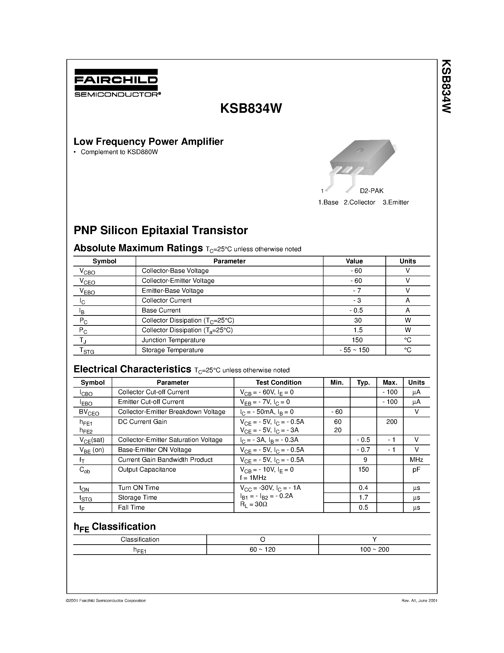 Даташит KSB834W - Low Frequency Power Amplifier страница 1