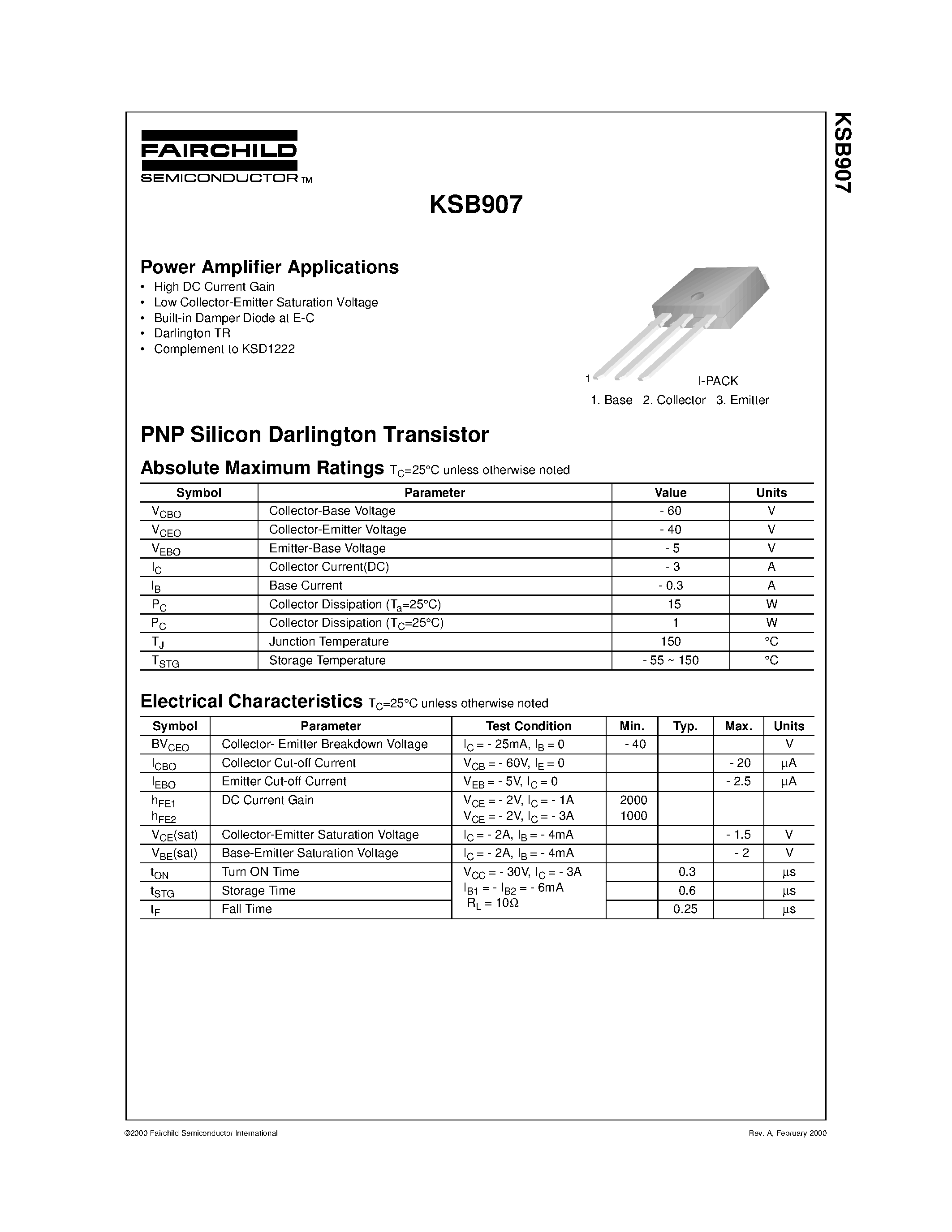 Datasheet KSB907 page 1 Datasheet KSB907 - Power Amplifier Applications page 1