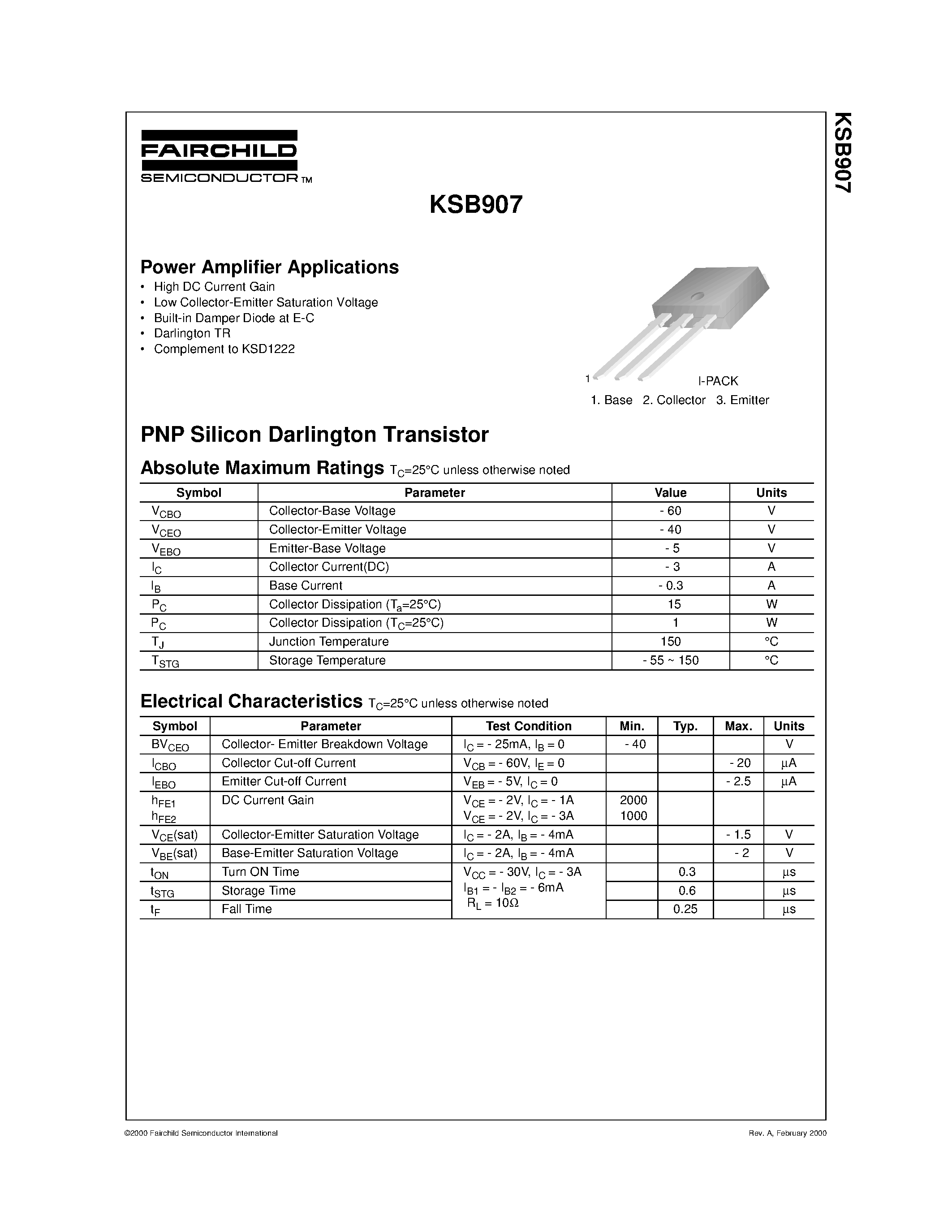 Даташит KSB907 - Power Amplifier Applications страница 1