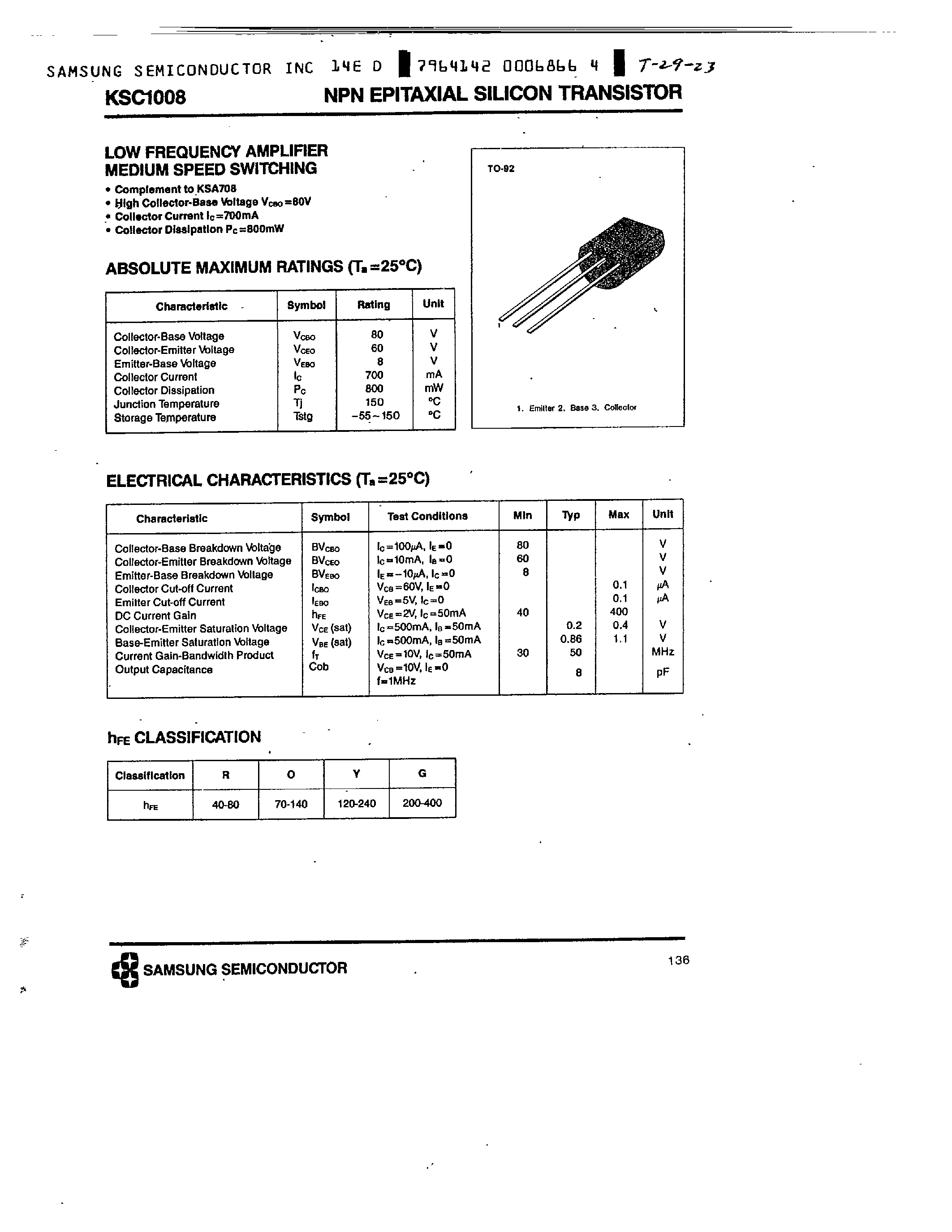Datasheet KSC1008 page 1 Datasheet KSC1008 - NPN (LOW FREQUENCY AMPLIFIER MEDIUM SPEED SWITCHING) page 1