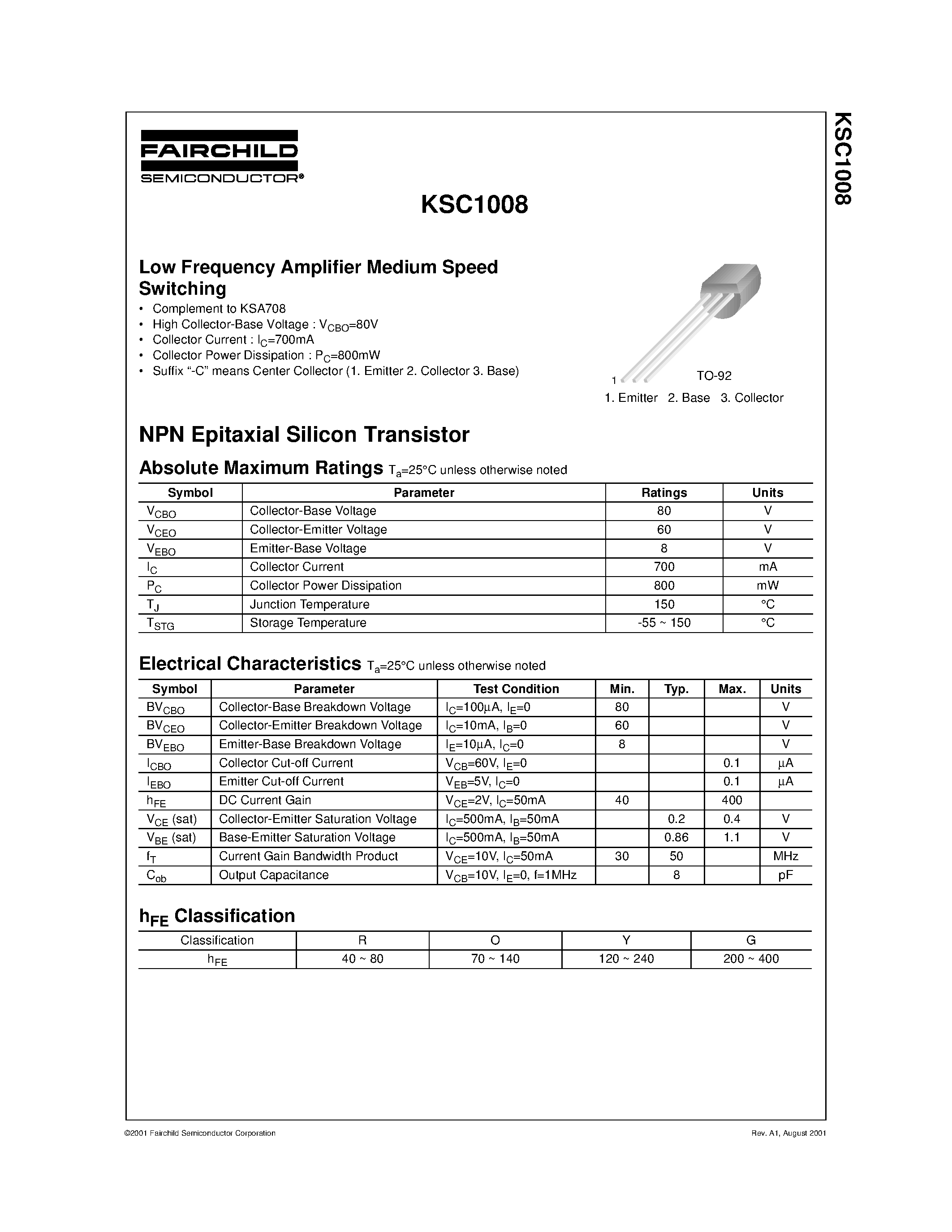 Datasheet KSC1008 page 1 Datasheet KSC1008 - Low Frequency Amplifier Medium Speed Switching page 1