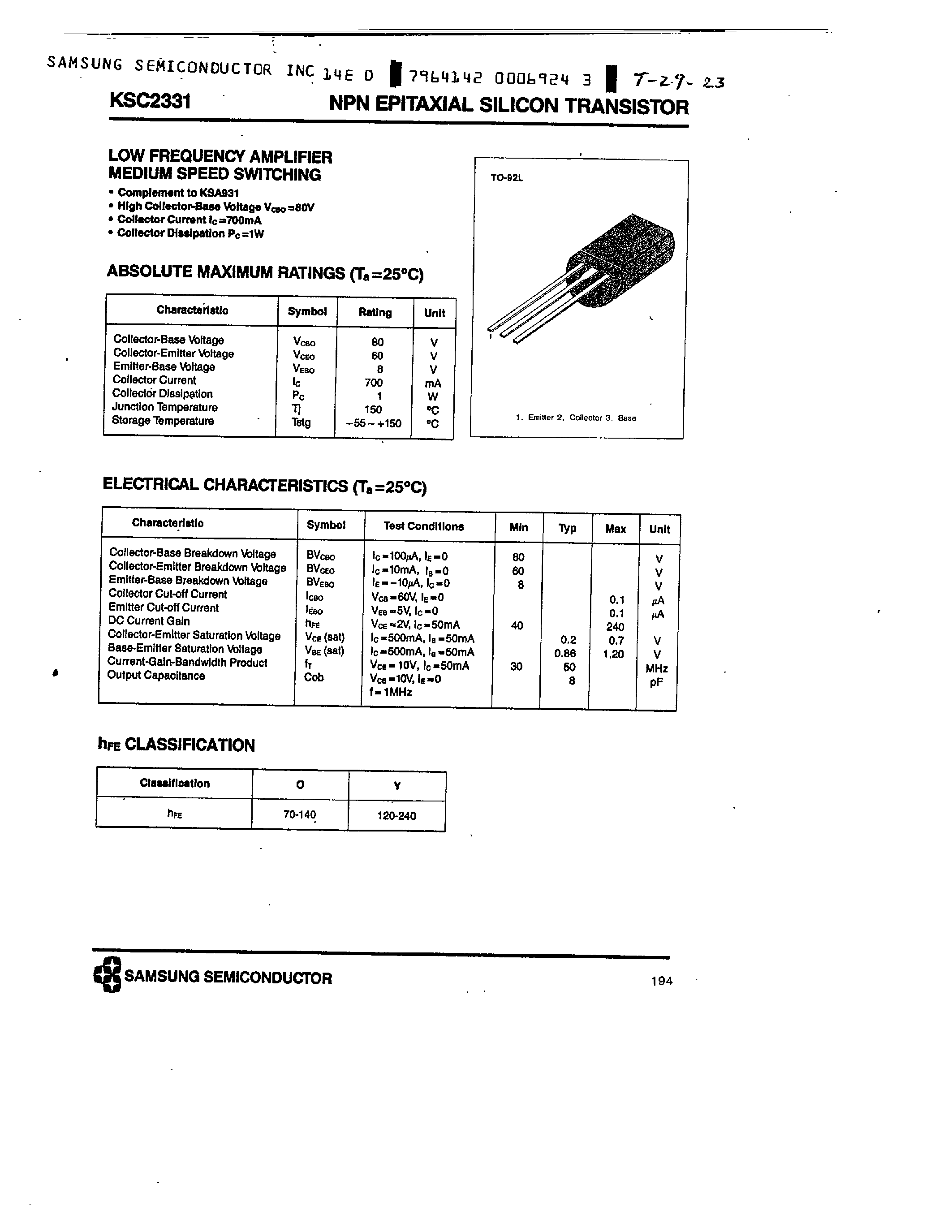 Datasheet KSC2331 - NPN LOW FREQUENCY AMPLIFIER MEDIUM SPEED SWITCHING) page 1