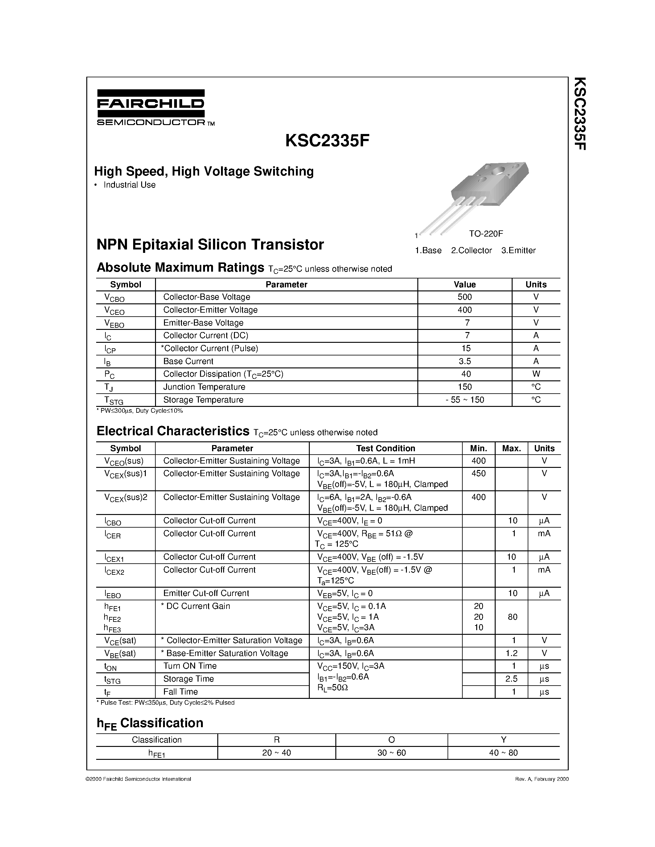 Datasheet KSC2335F - High Speed/ High Voltage Switching page 1